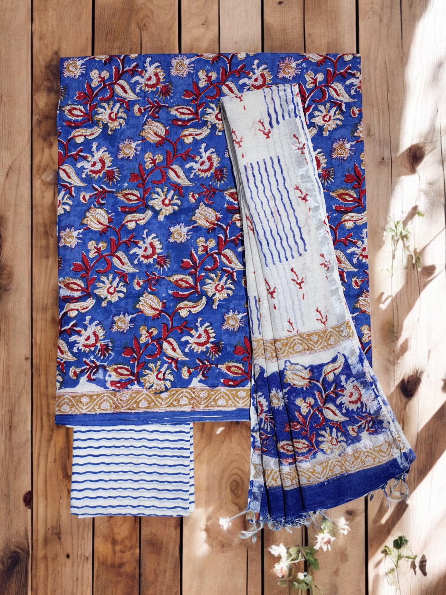 Blue Sanganeri block Print Cotton Unstitched Salwar Suit Set with Linen Dupatta