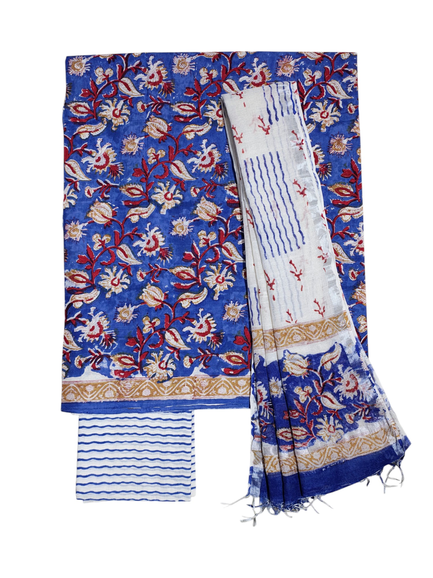 Blue Sanganeri block Print Cotton Unstitched Salwar Suit Set with Linen Dupatta