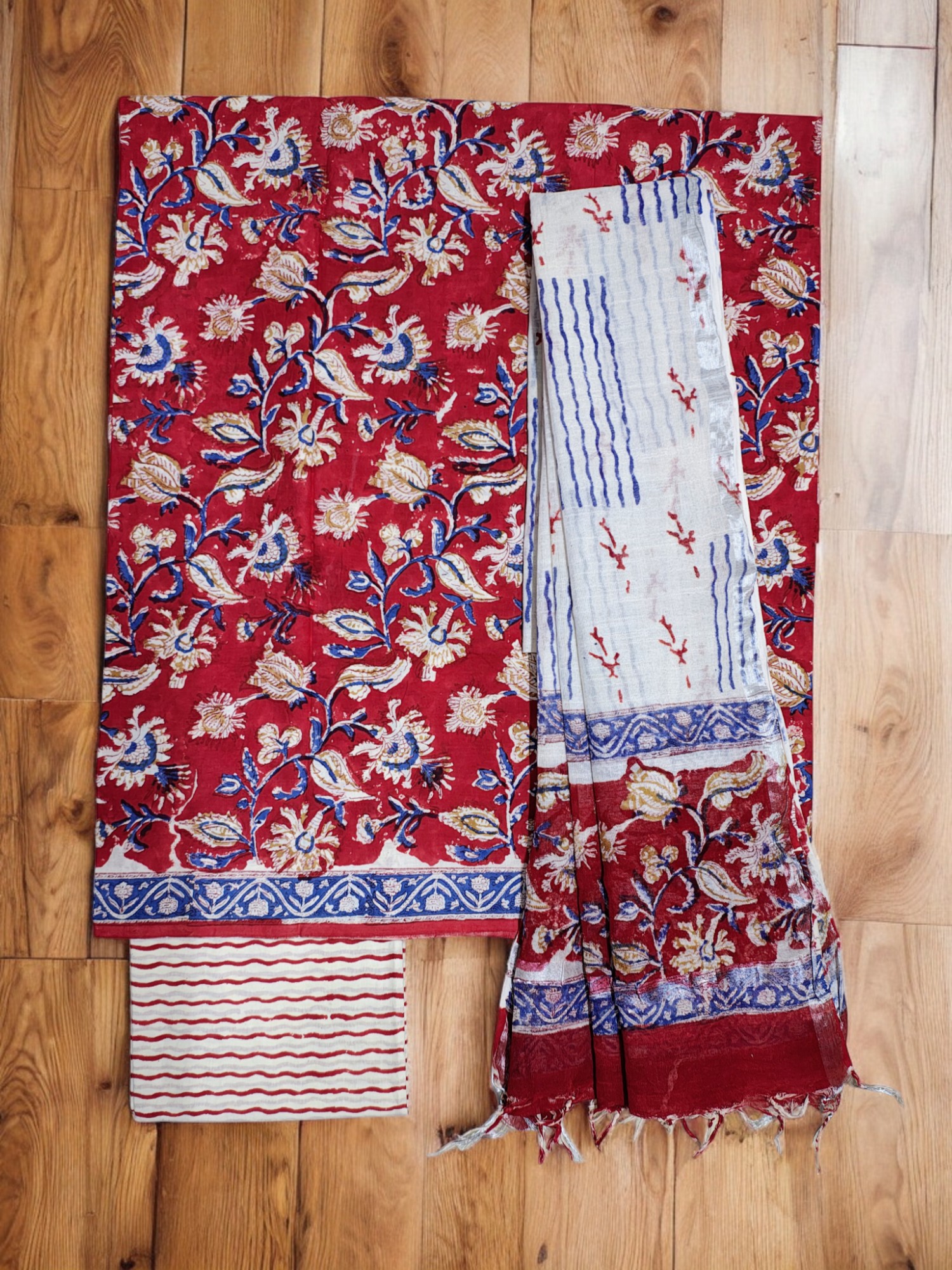 Maroon Sanganeri block Print Cotton Unstitched Salwar Suit Set with Linen Dupatta