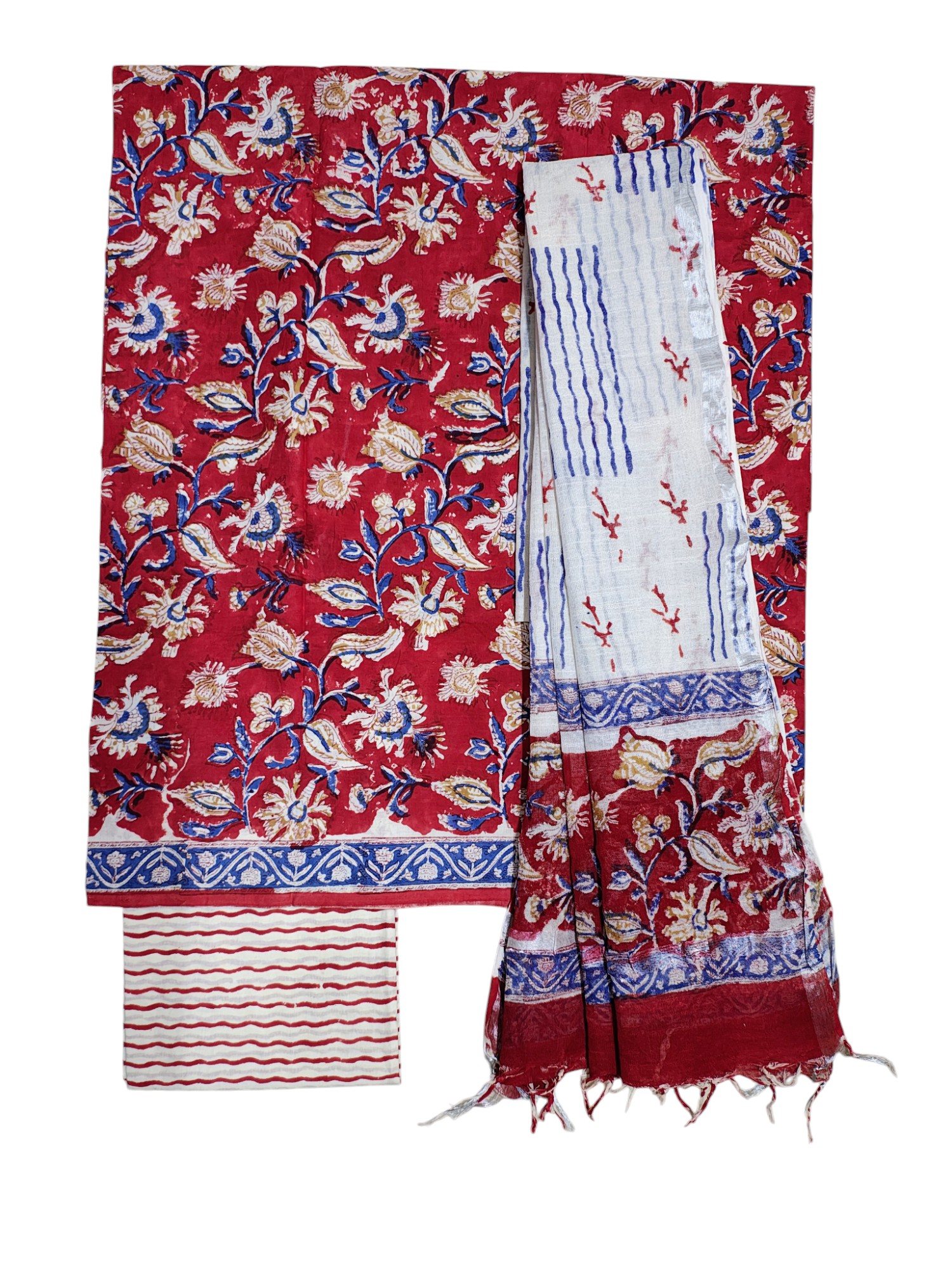 Maroon Sanganeri block Print Cotton Unstitched Salwar Suit Set with Linen Dupatta