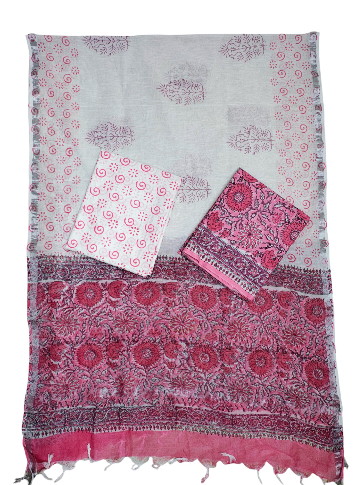 Pink Sanganeri block Print Cotton Unstitched Salwar Suit Set with Linen Dupatta