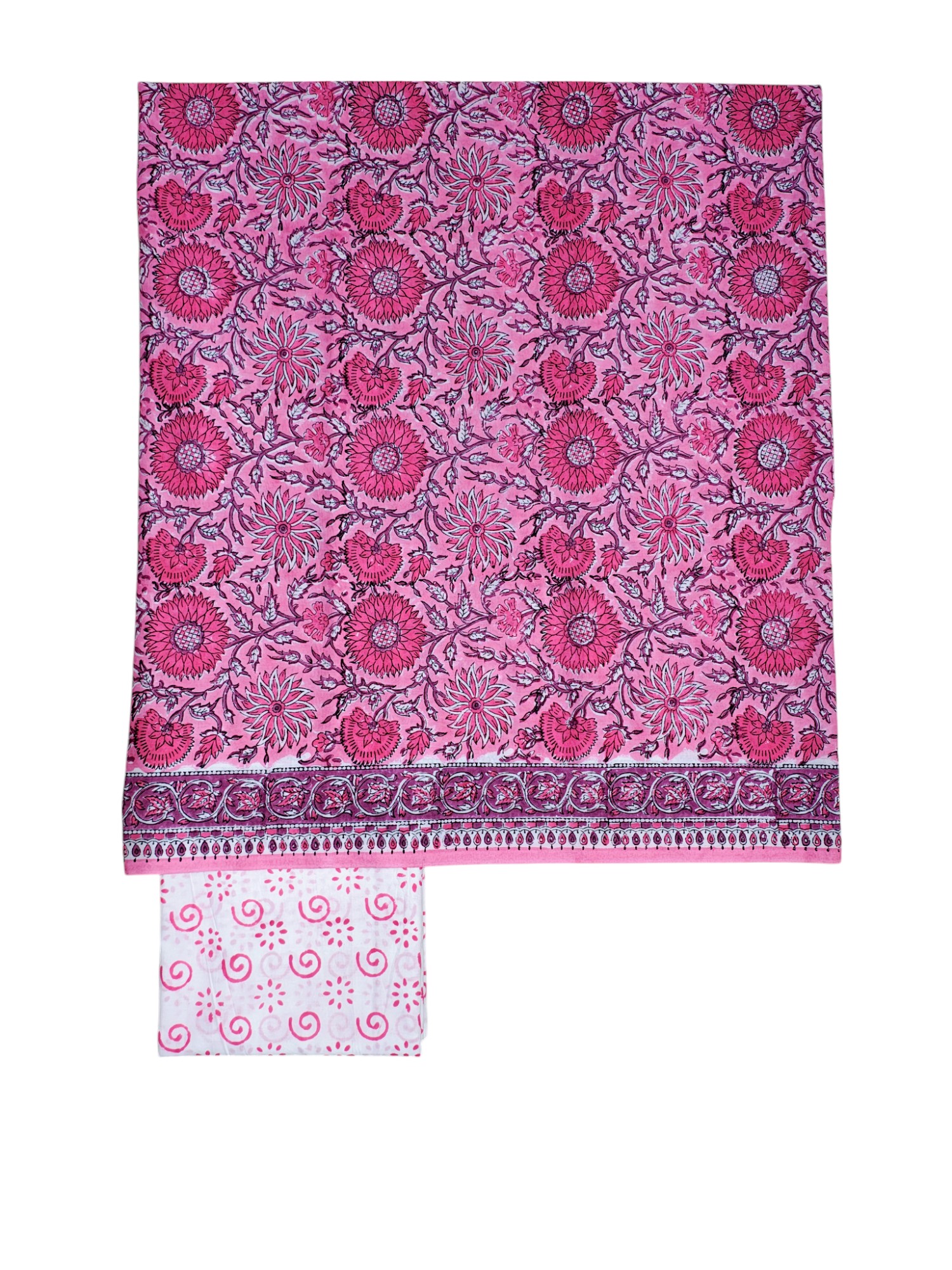 Pink Sanganeri block Print Cotton Unstitched Salwar Suit Set with Linen Dupatta