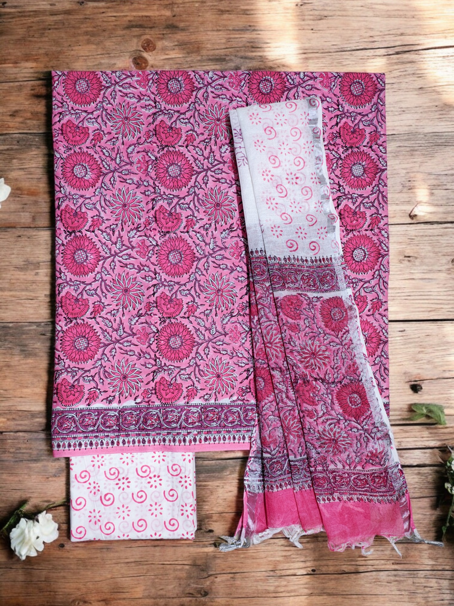 Pink Sanganeri block Print Cotton Unstitched Salwar Suit Set with Linen Dupatta