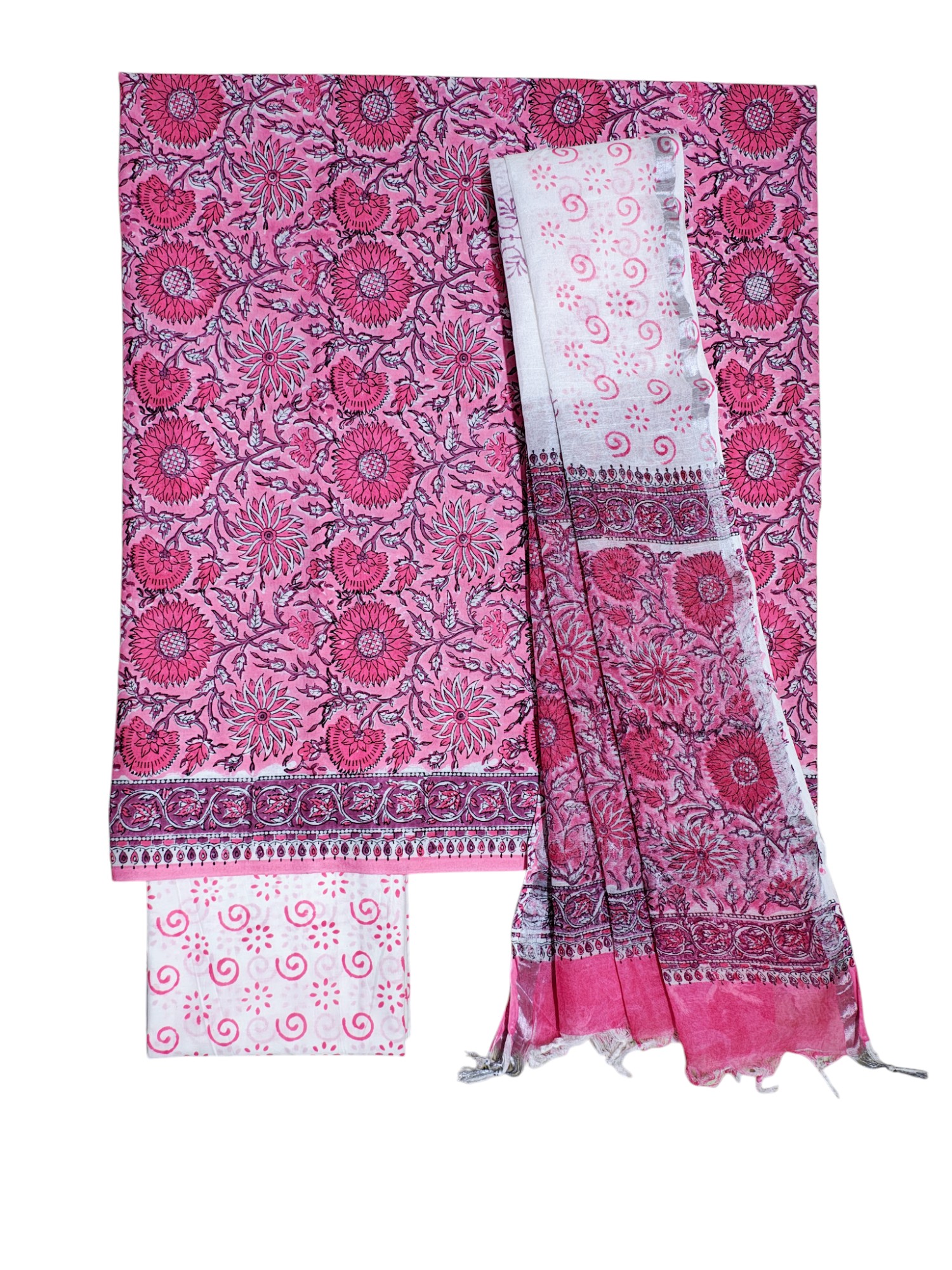 Pink Sanganeri block Print Cotton Unstitched Salwar Suit Set with Linen Dupatta