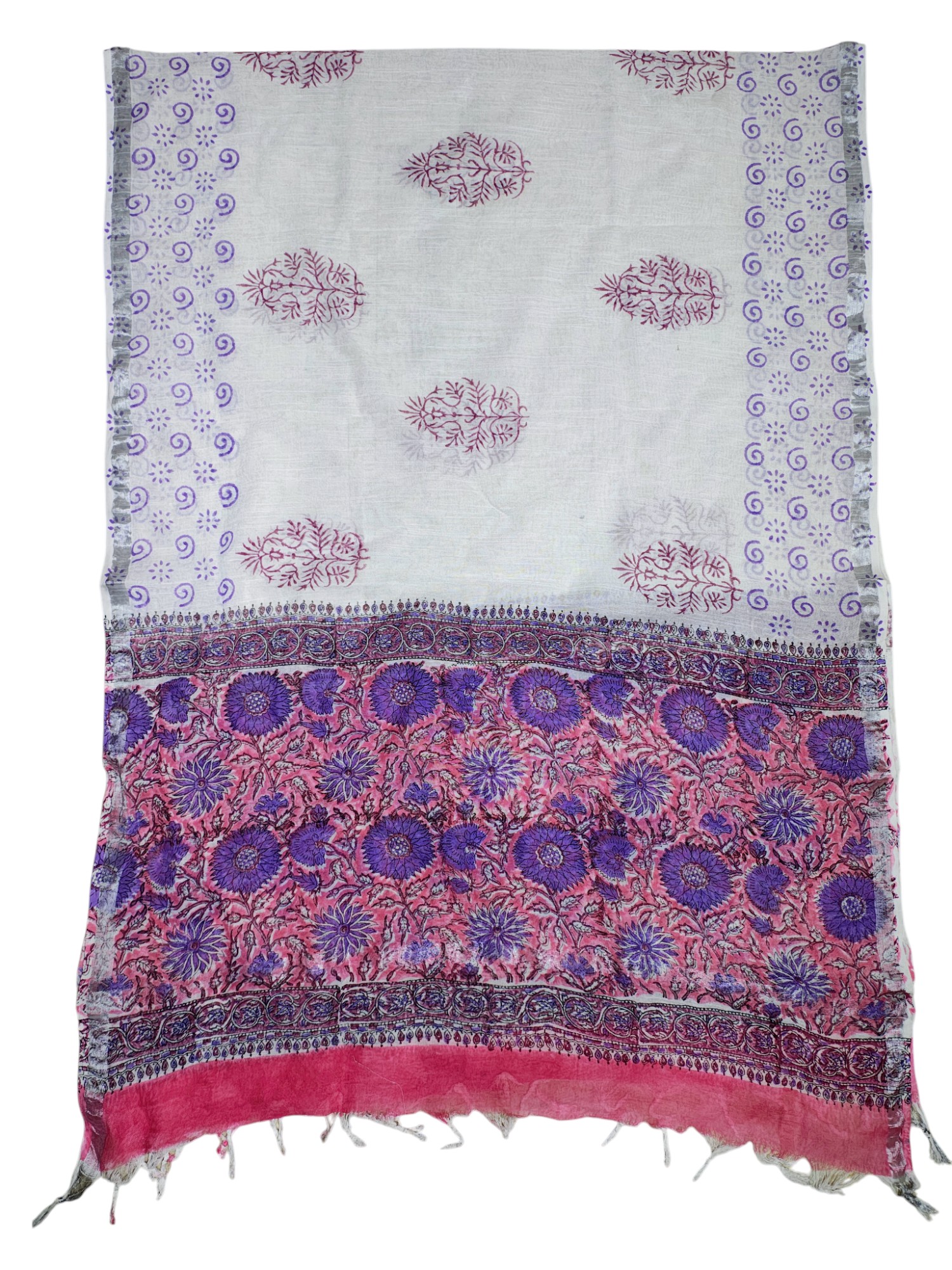 Purple Sanganeri block Print Cotton Unstitched Salwar Suit Set with Linen Dupatta