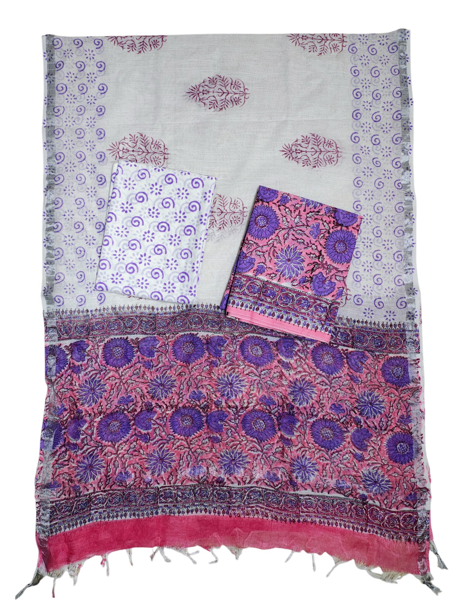 Purple Sanganeri block Print Cotton Unstitched Salwar Suit Set with Linen Dupatta