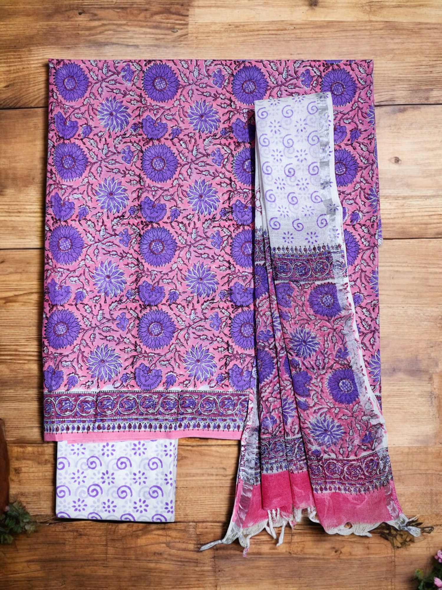Purple Sanganeri block Print Cotton Unstitched Salwar Suit Set with Linen Dupatta