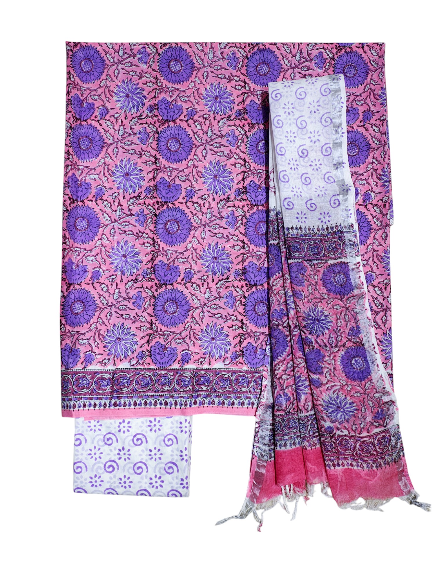 Purple Sanganeri block Print Cotton Unstitched Salwar Suit Set with Linen Dupatta