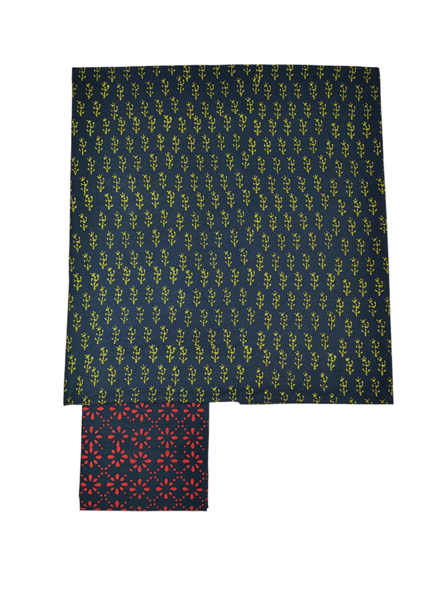 Dark Green Hand Block Print Cotton Unstitched Salwar Suit Set with Linen Dupatta
