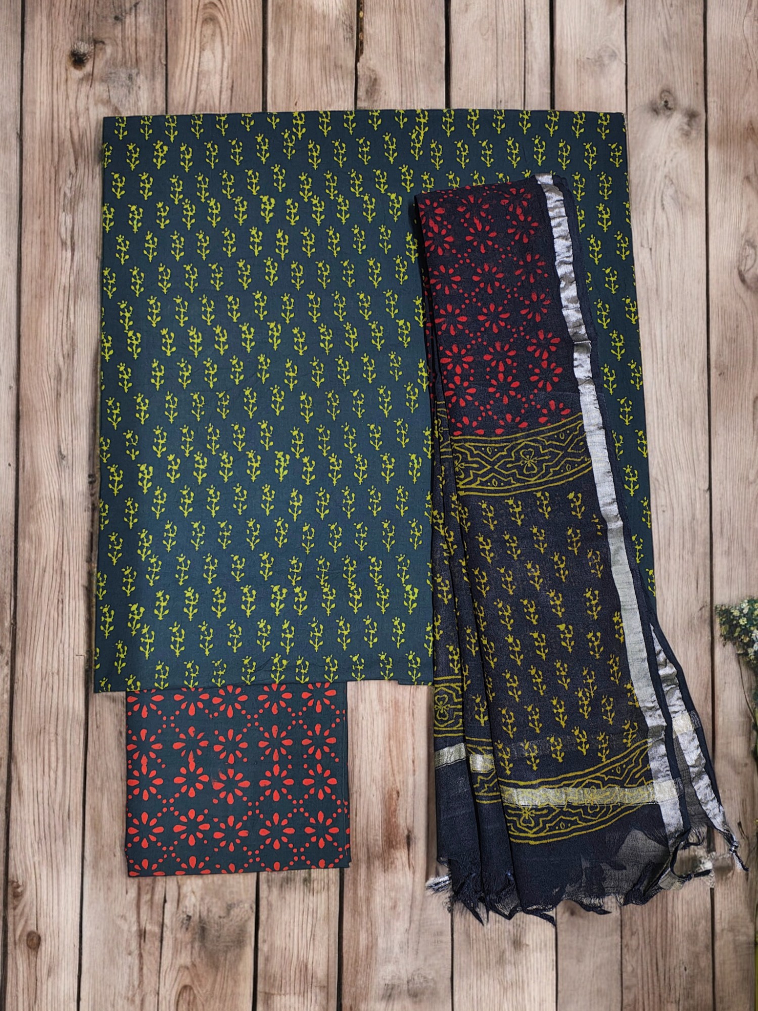 Dark Green Hand Block Print Cotton Unstitched Salwar Suit Set with Linen Dupatta