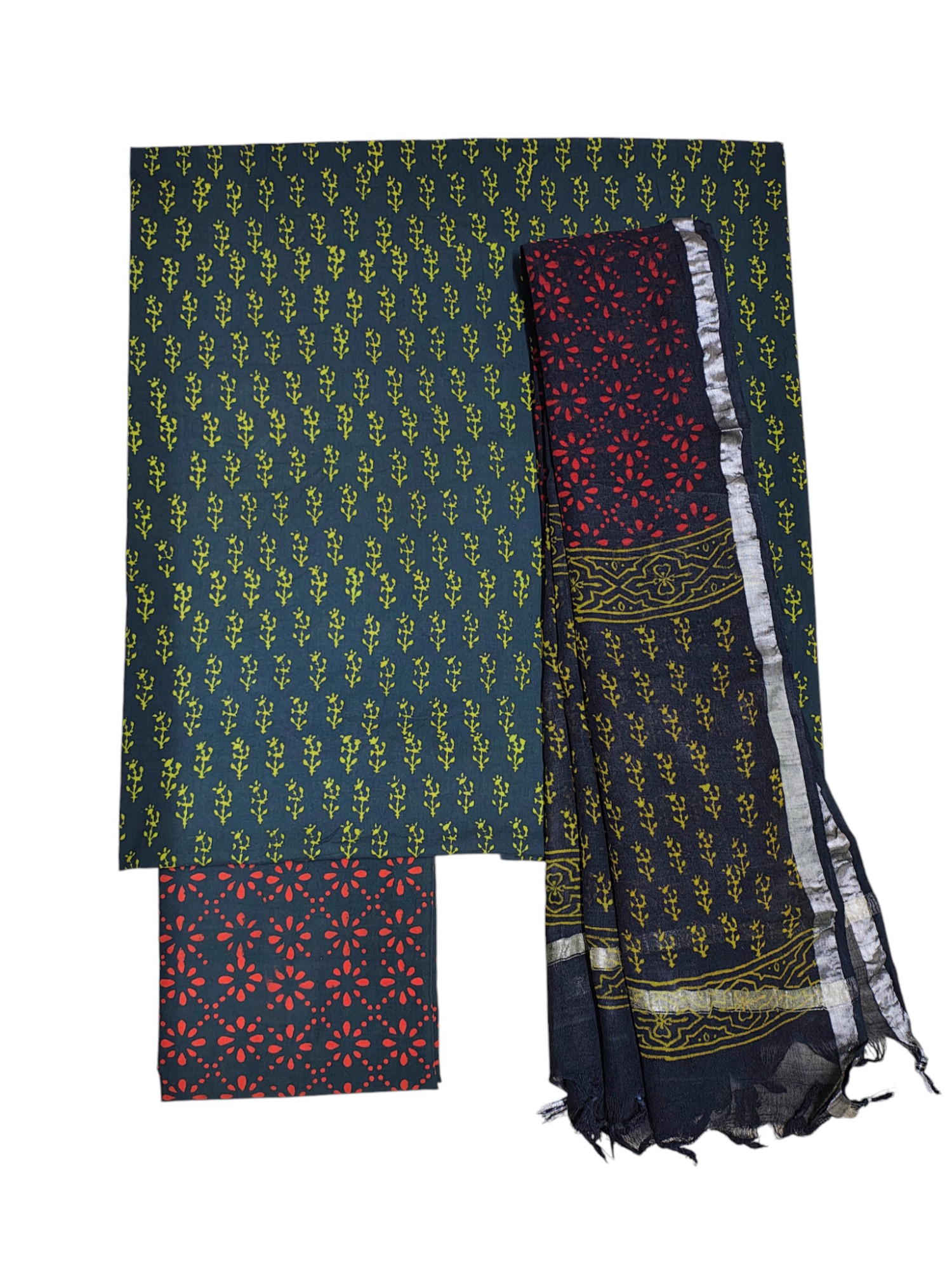 Dark Green Hand Block Print Cotton Unstitched Salwar Suit Set with Linen Dupatta