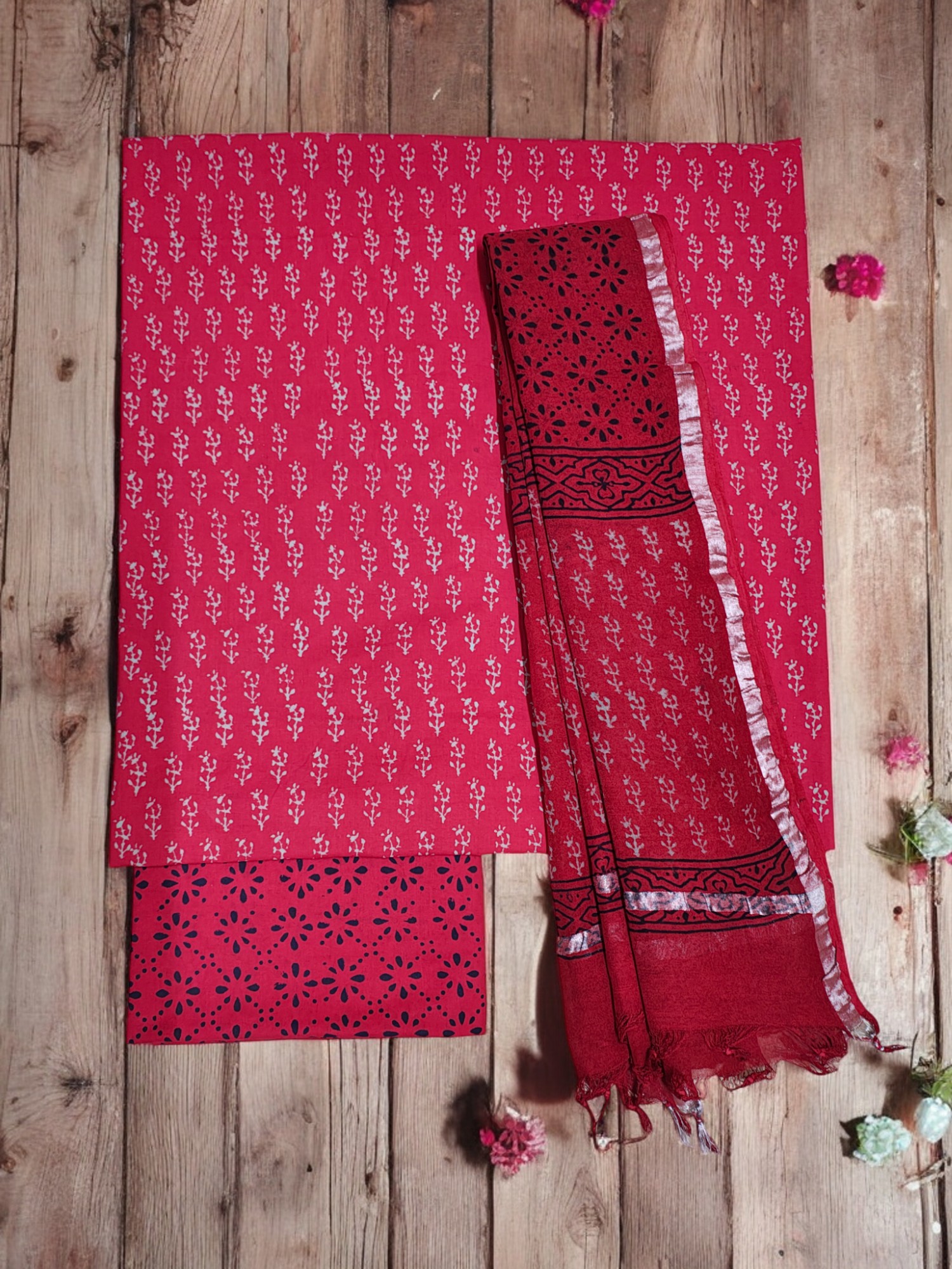 Red Hand block Print Cotton Unstitched Salwar Suit Set with Linen Dupatta