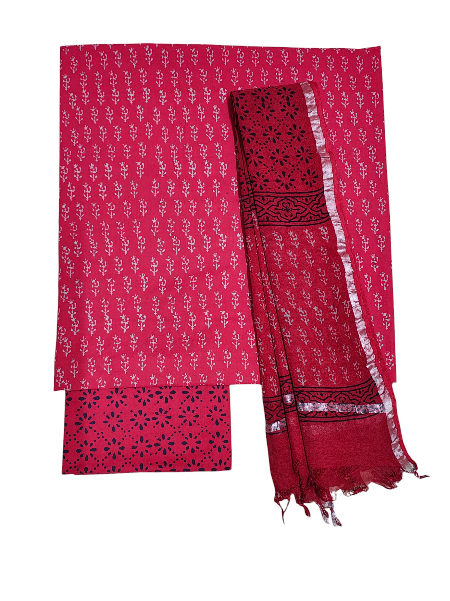 Red Hand block Print Cotton Unstitched Salwar Suit Set with Linen Dupatta