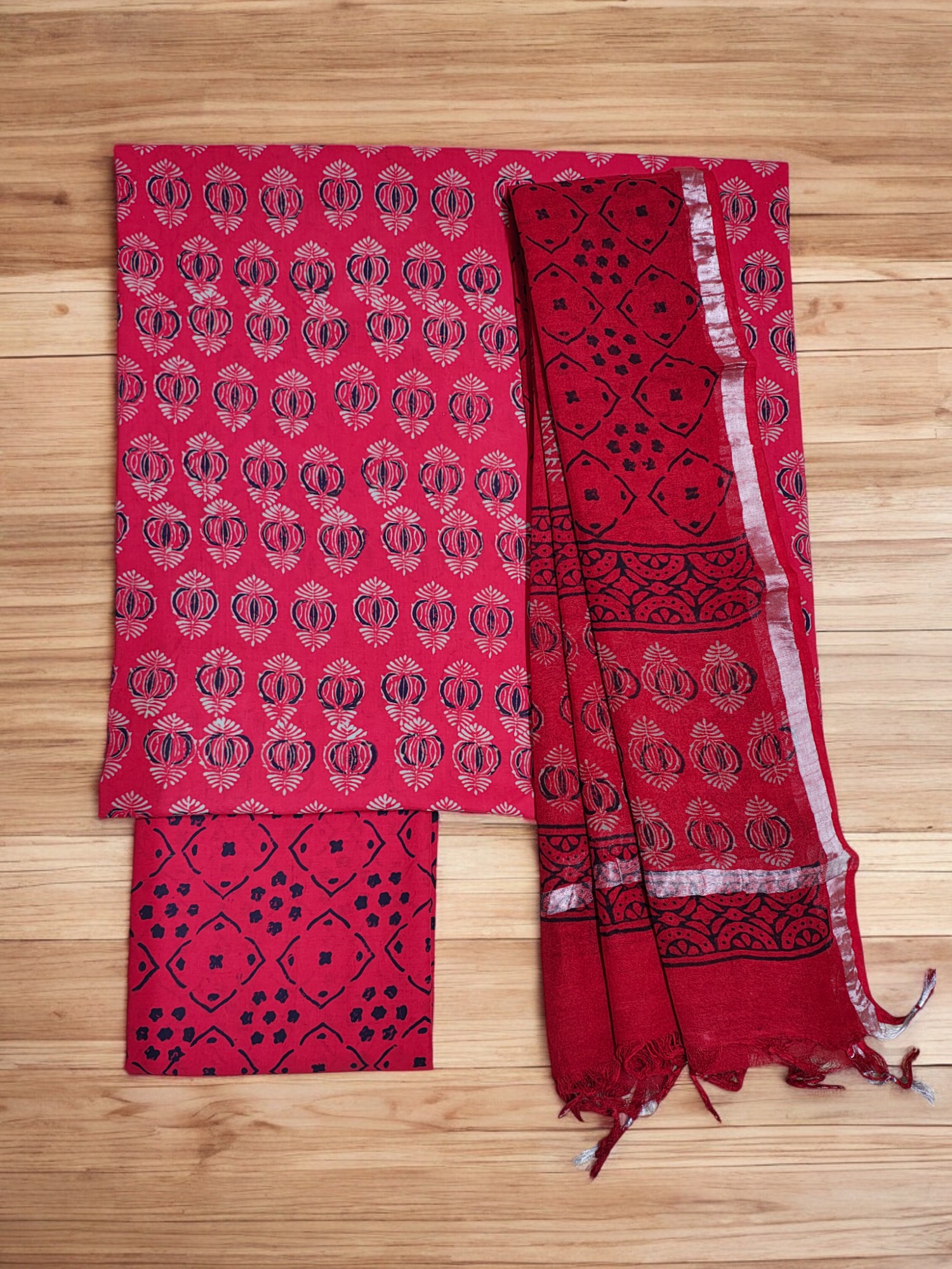 Red Ajrakh Print Cotton Unstitched Salwar Suit Set with Linen Dupatta