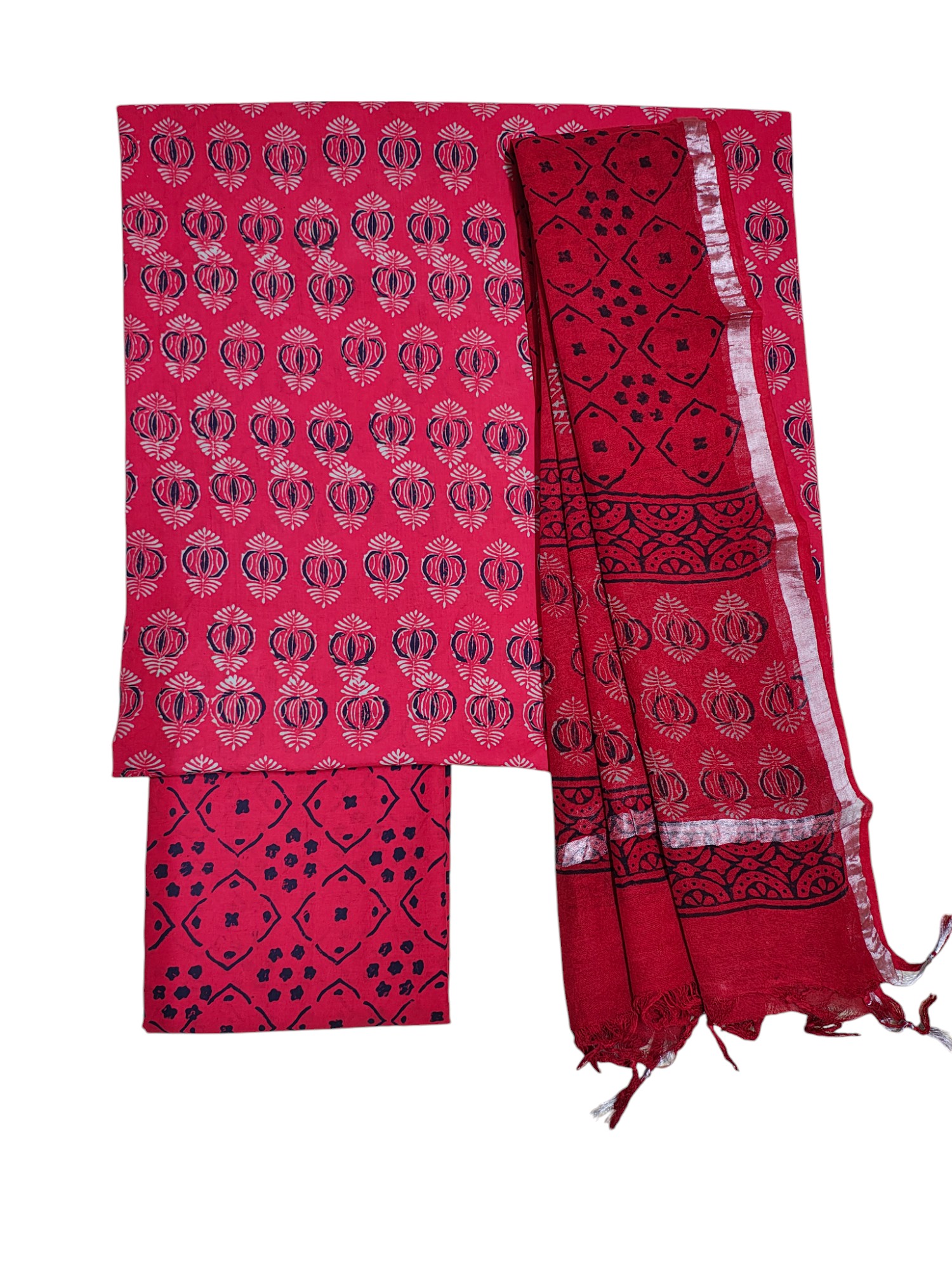 Red Ajrakh Print Cotton Unstitched Salwar Suit Set with Linen Dupatta