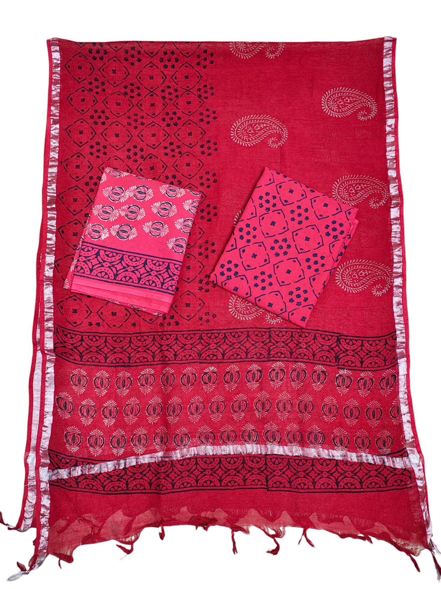 Red Ajrakh Print Cotton Unstitched Salwar Suit Set with Linen Dupatta