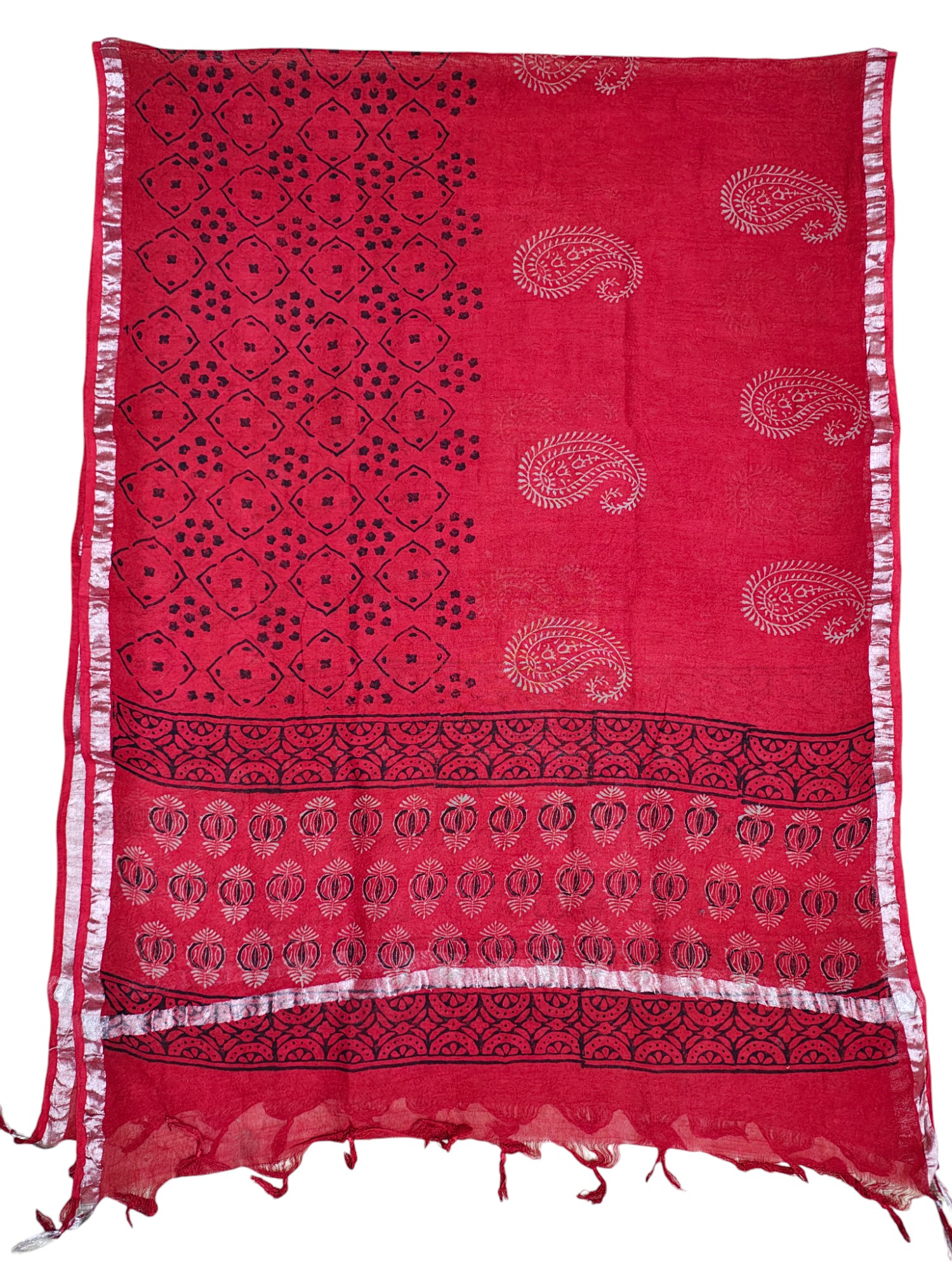 Red Ajrakh Print Cotton Unstitched Salwar Suit Set with Linen Dupatta