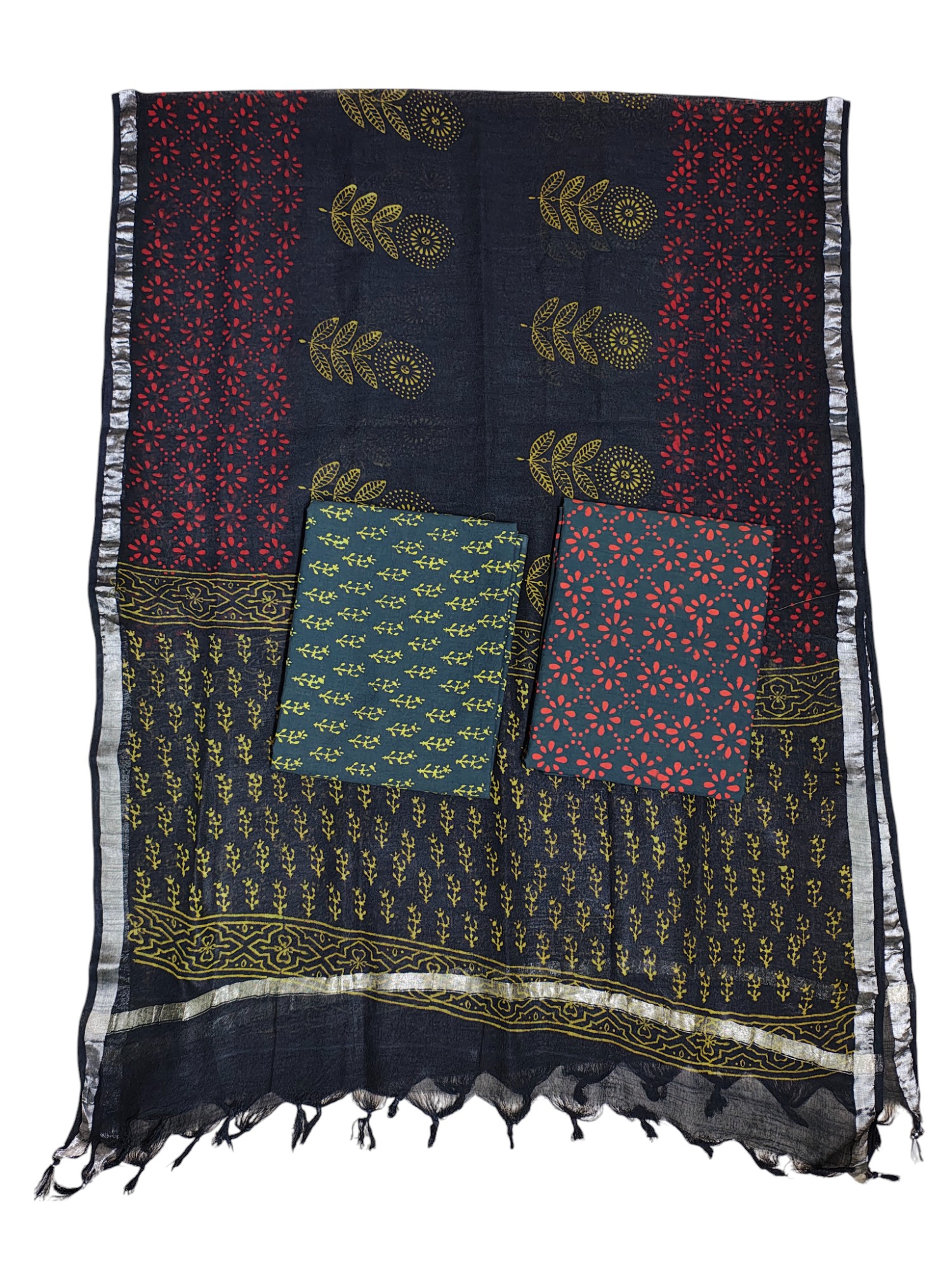 Dark Green Hand Block Print Cotton Unstitched Salwar Suit Set with Linen Dupatta