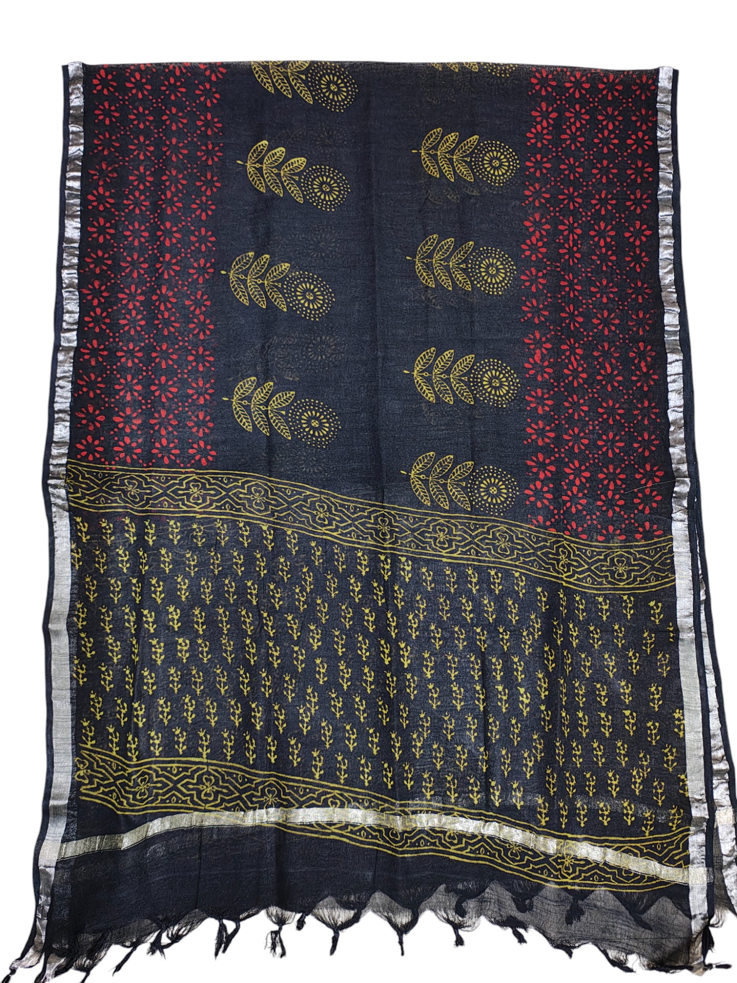 Dark Green Hand Block Print Cotton Unstitched Salwar Suit Set with Linen Dupatta