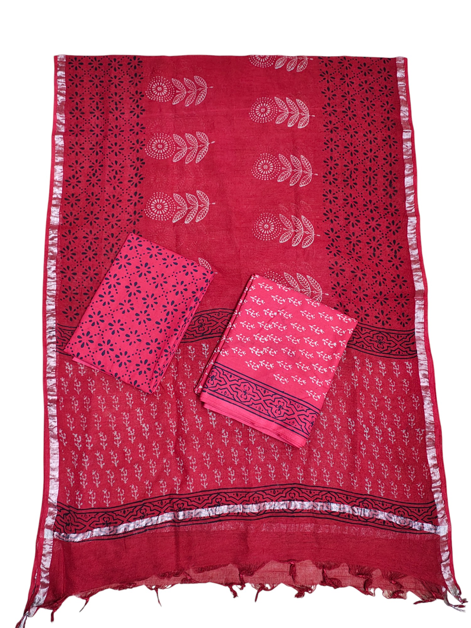 Red Hand block Print Cotton Unstitched Salwar Suit Set with Linen Dupatta