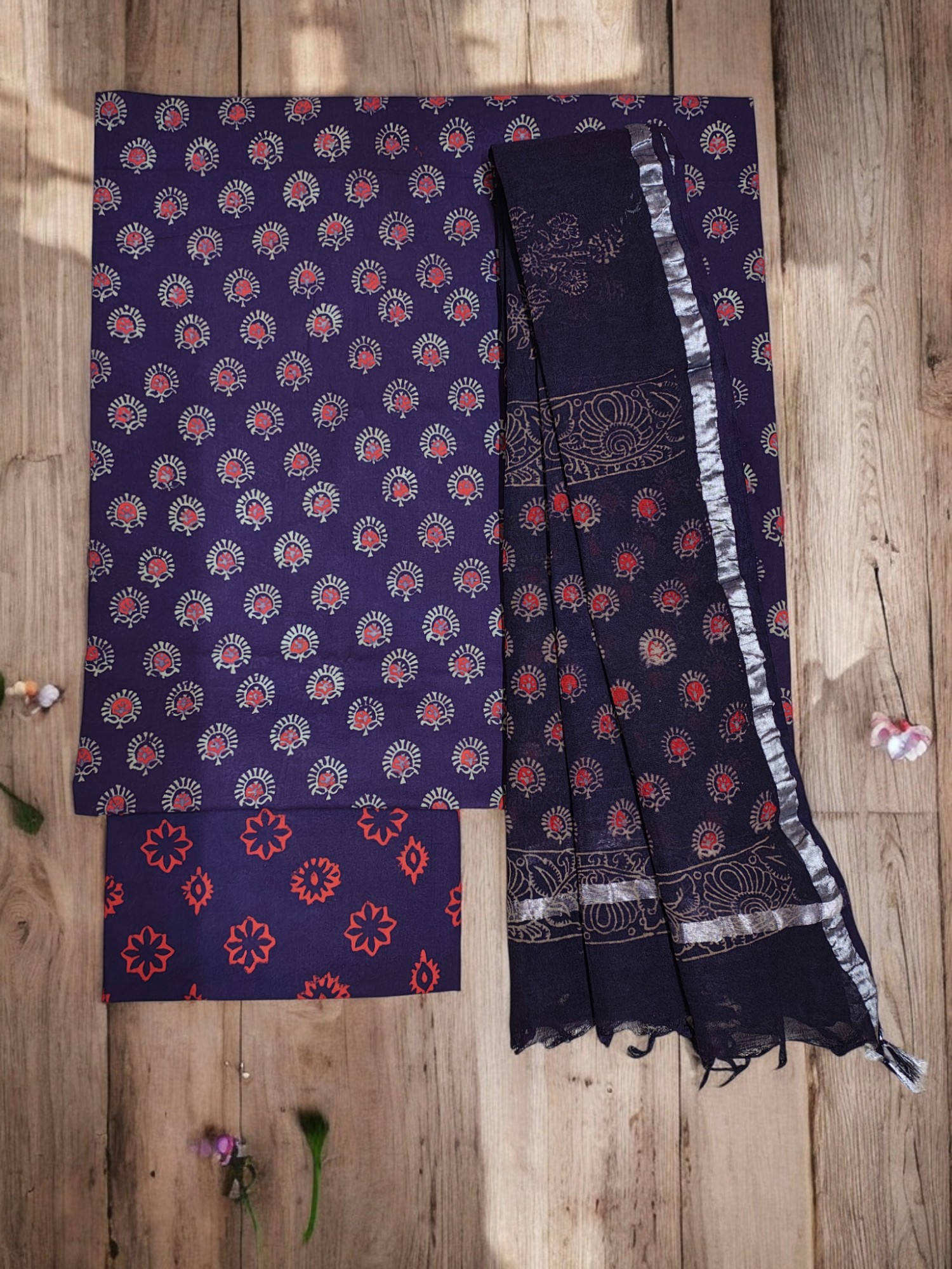 Purple Ajrakh Print Pure Cotton Unstitched Suit Set with Linen Dupatta