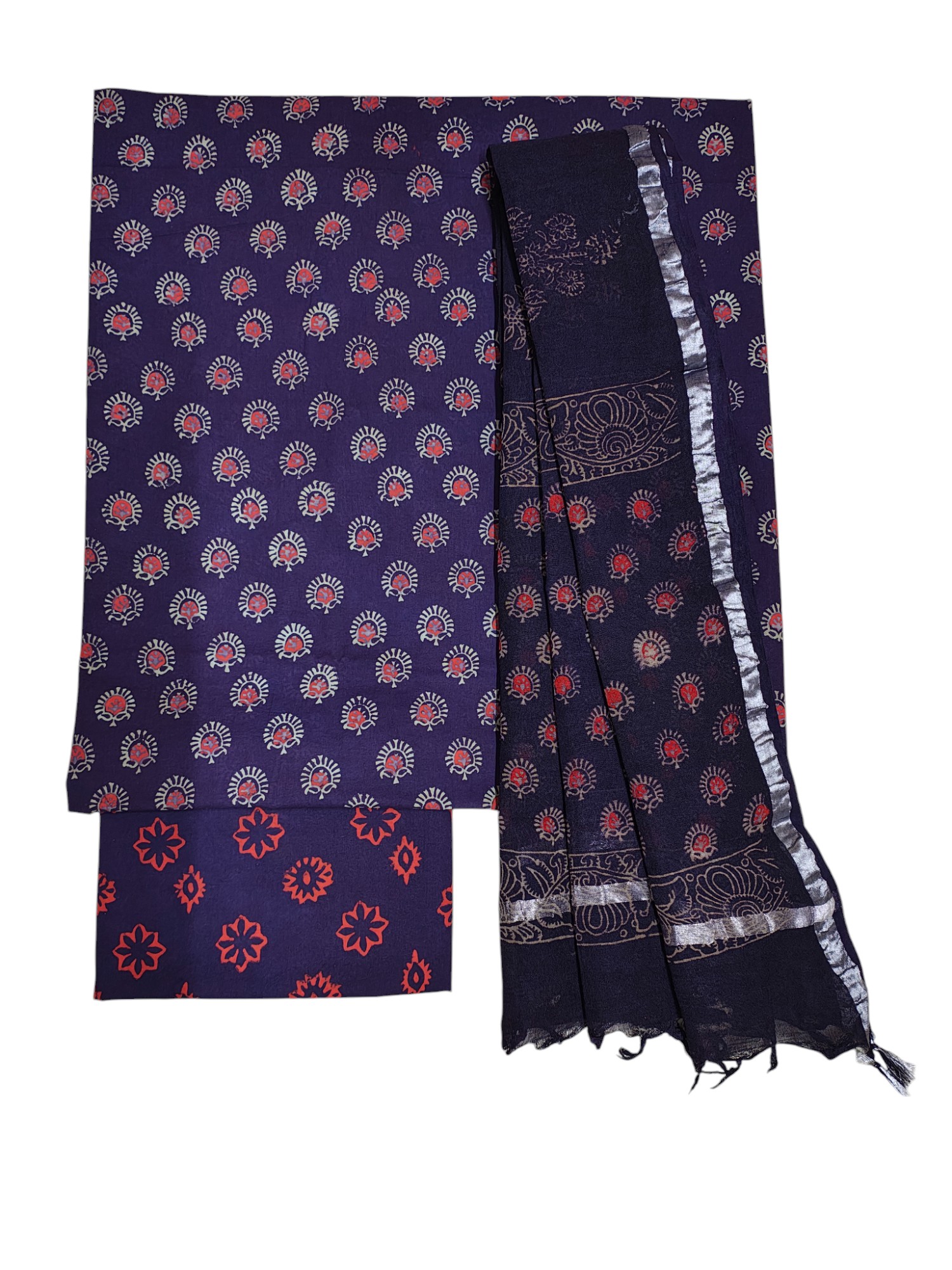 Purple Ajrakh Print Pure Cotton Unstitched Suit Set with Linen Dupatta