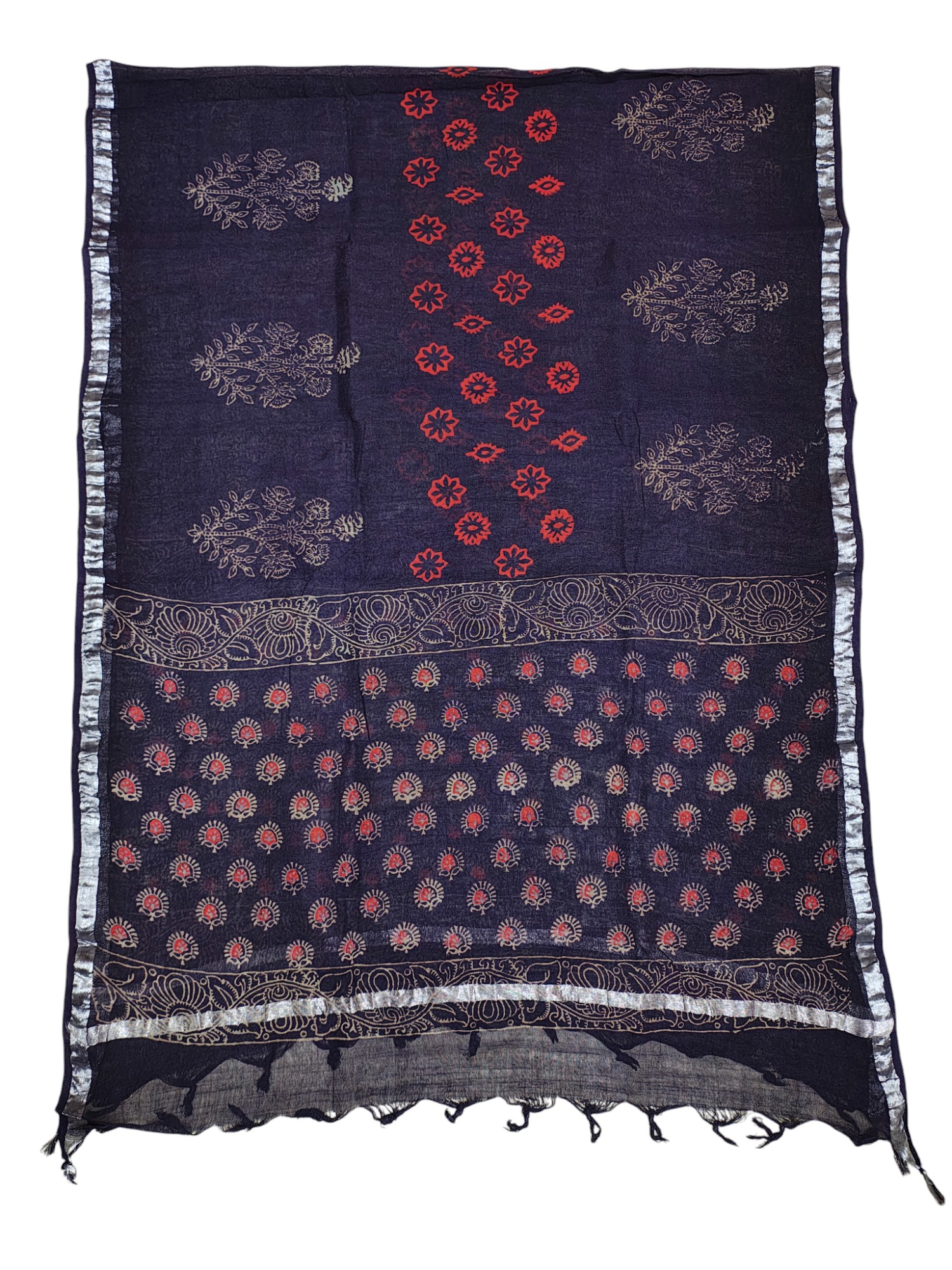 Purple Ajrakh Print Pure Cotton Unstitched Suit Set with Linen Dupatta