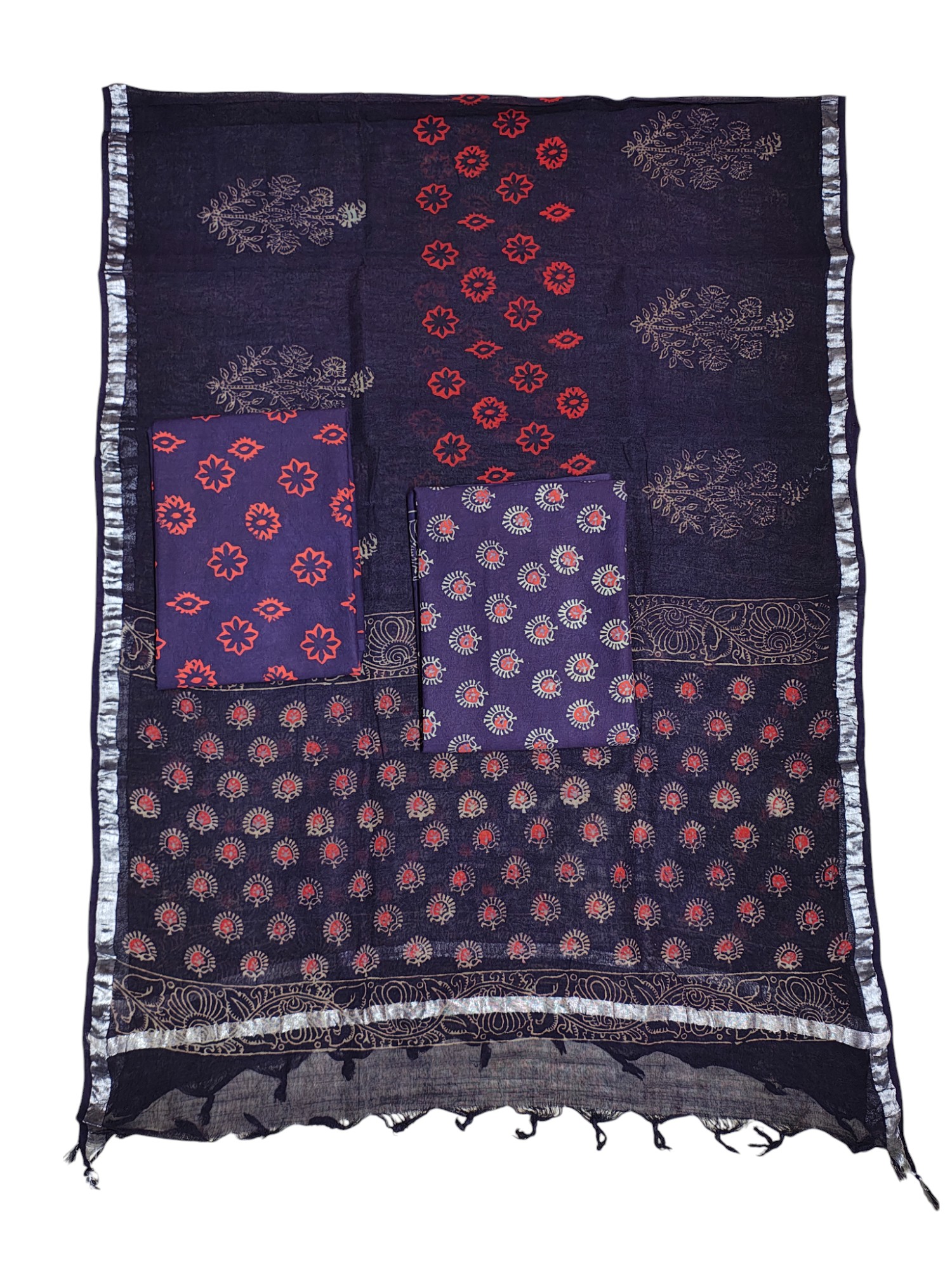 Purple Ajrakh Print Pure Cotton Unstitched Suit Set with Linen Dupatta