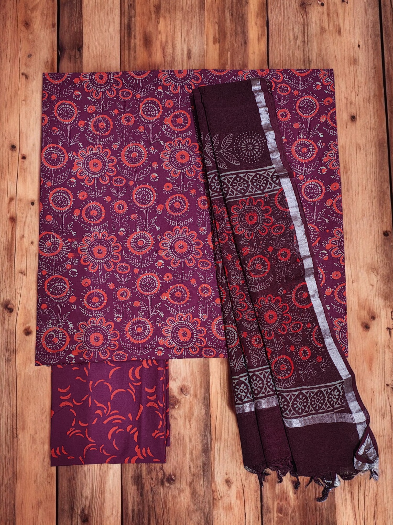 Wine Ajrakh Print Cotton Unstitched Salwar Suit Set with Linen Dupatta for Women