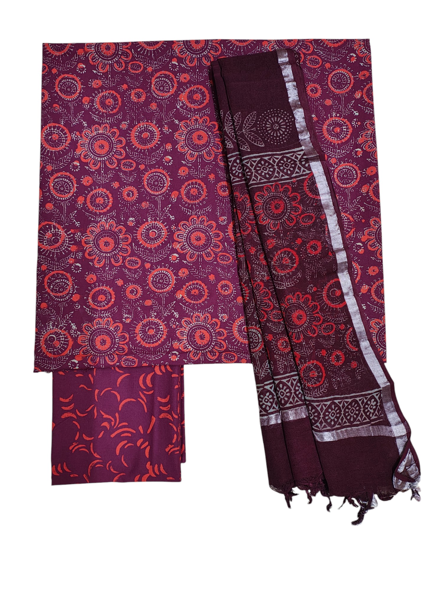 Wine Ajrakh Print Cotton Unstitched Salwar Suit Set with Linen Dupatta for Women