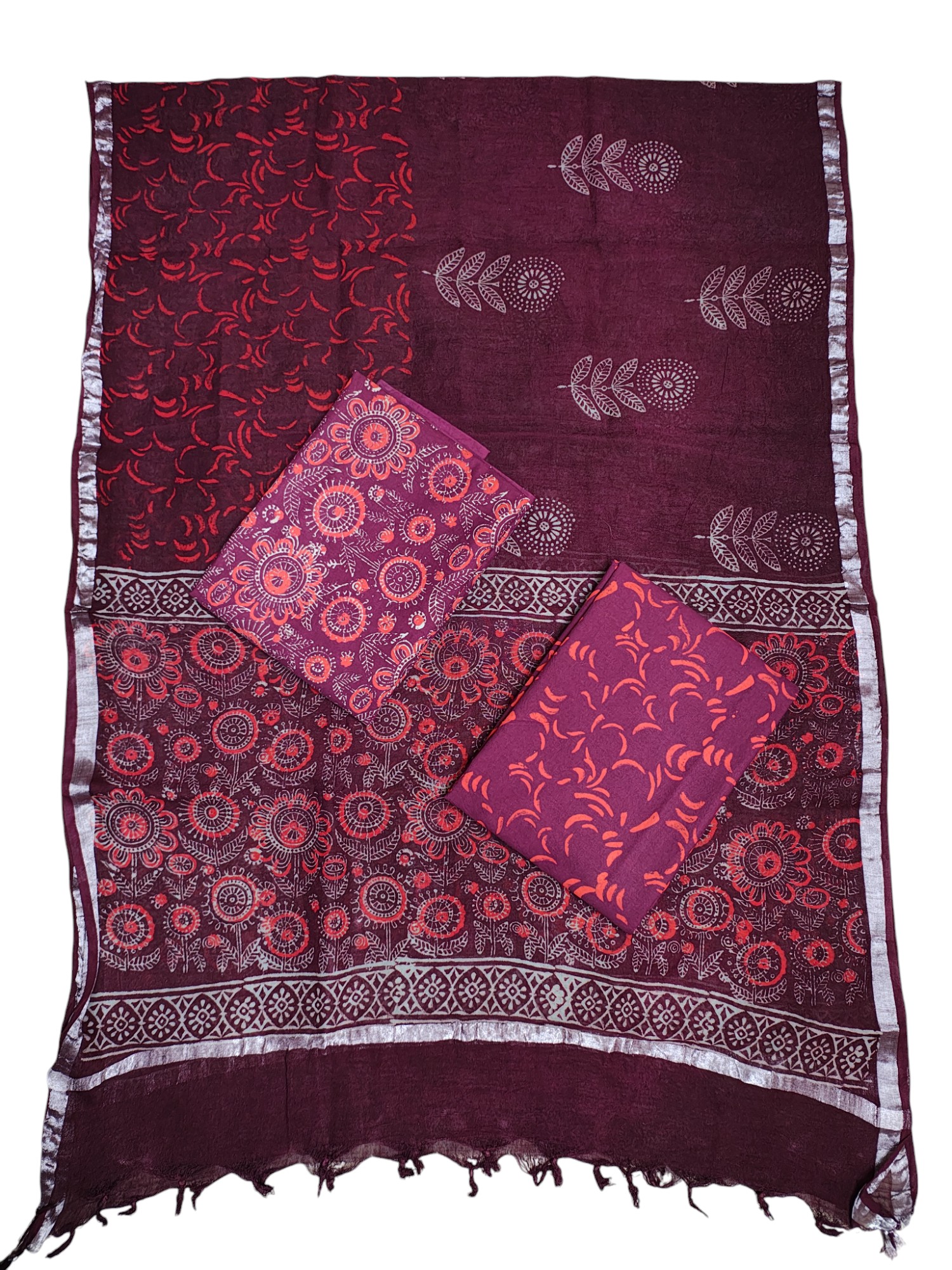 Wine Ajrakh Print Cotton Unstitched Salwar Suit Set with Linen Dupatta for Women
