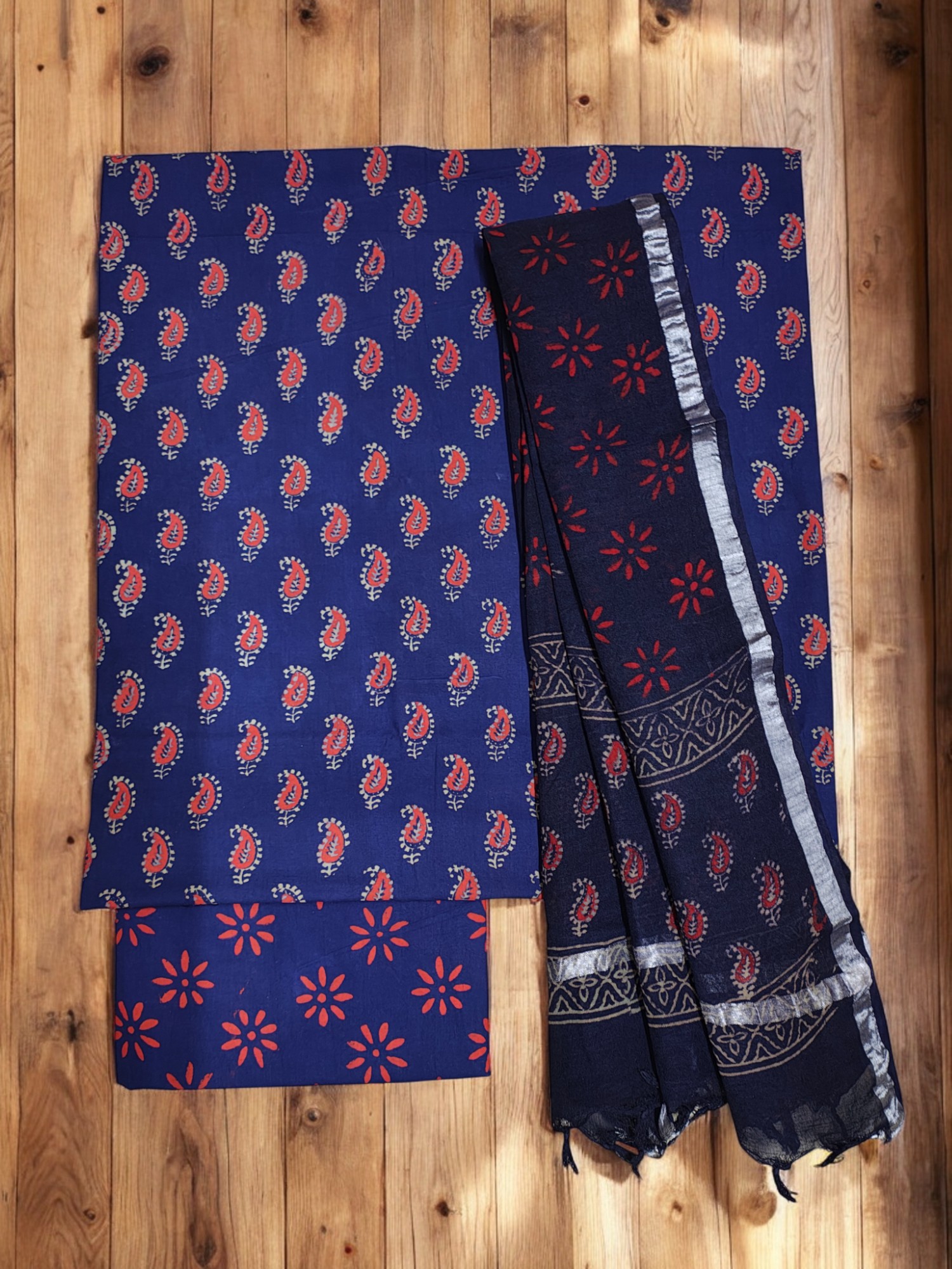 Indigo Ajrakh Print Unstitched Salwar Suit Set with Linen Dupatta
