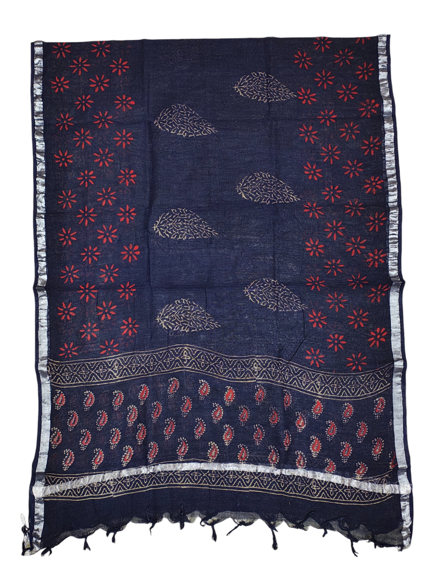 Indigo Ajrakh Print Unstitched Salwar Suit Set with Linen Dupatta