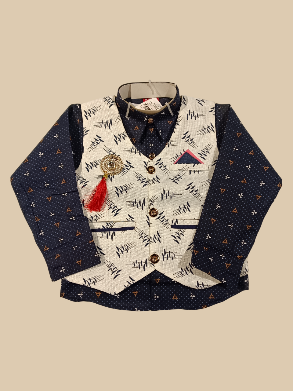 navy blue full-sleeve shirt, a white printed waistcoat, and blue denim jeans D.8/6 B.5263