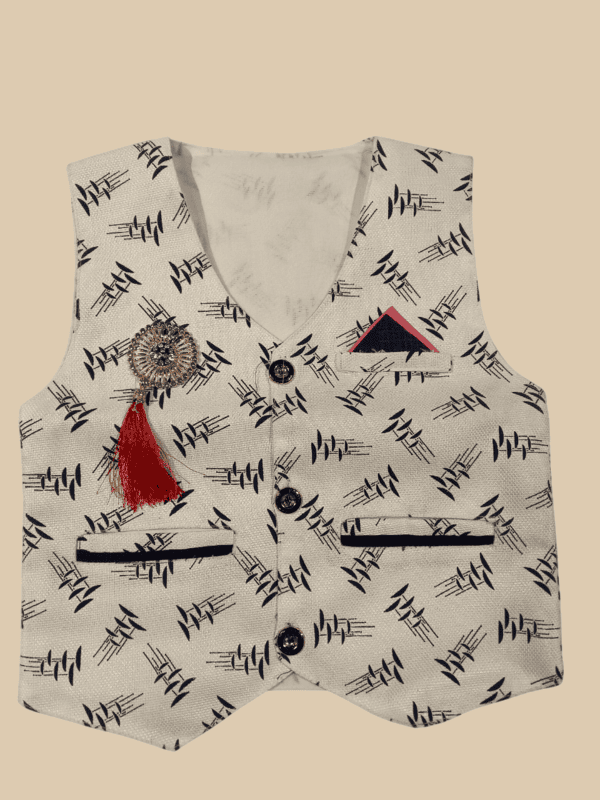 navy blue full-sleeve shirt, a white printed waistcoat, and blue denim jeans D.8/6 B.5263