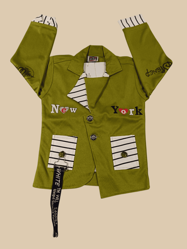 green blazer-style top and blue denim jeans. D.4/6 B.5269