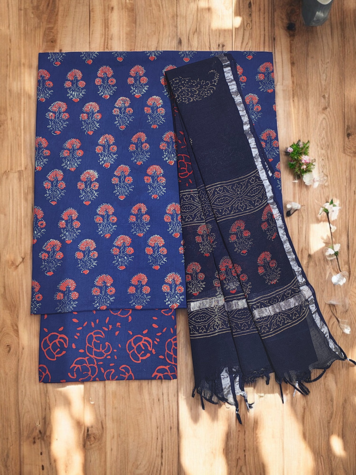 Indigo Ajrakh Print Unstitched Suit Set with Linen Dupatta