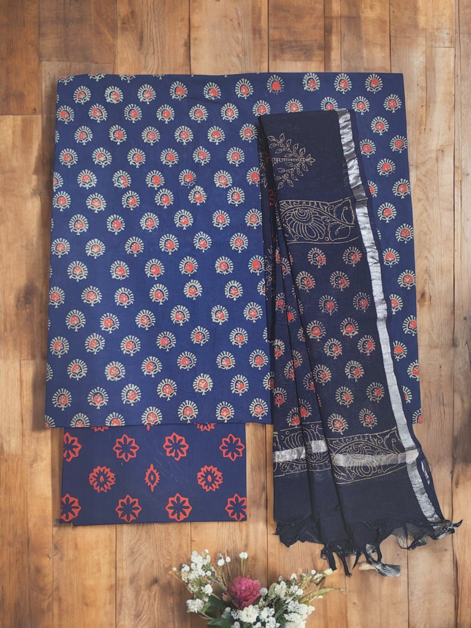 Indigo Ajrakh Print Cotton Unstitched Salwar Suit Set with Linen Dupatta