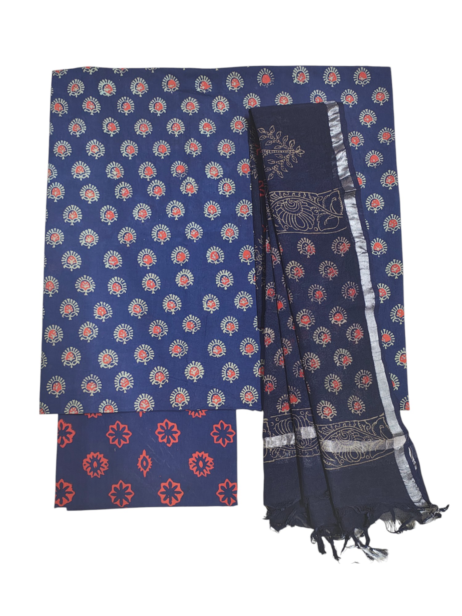 Indigo Ajrakh Print Cotton Unstitched Salwar Suit Set with Linen Dupatta