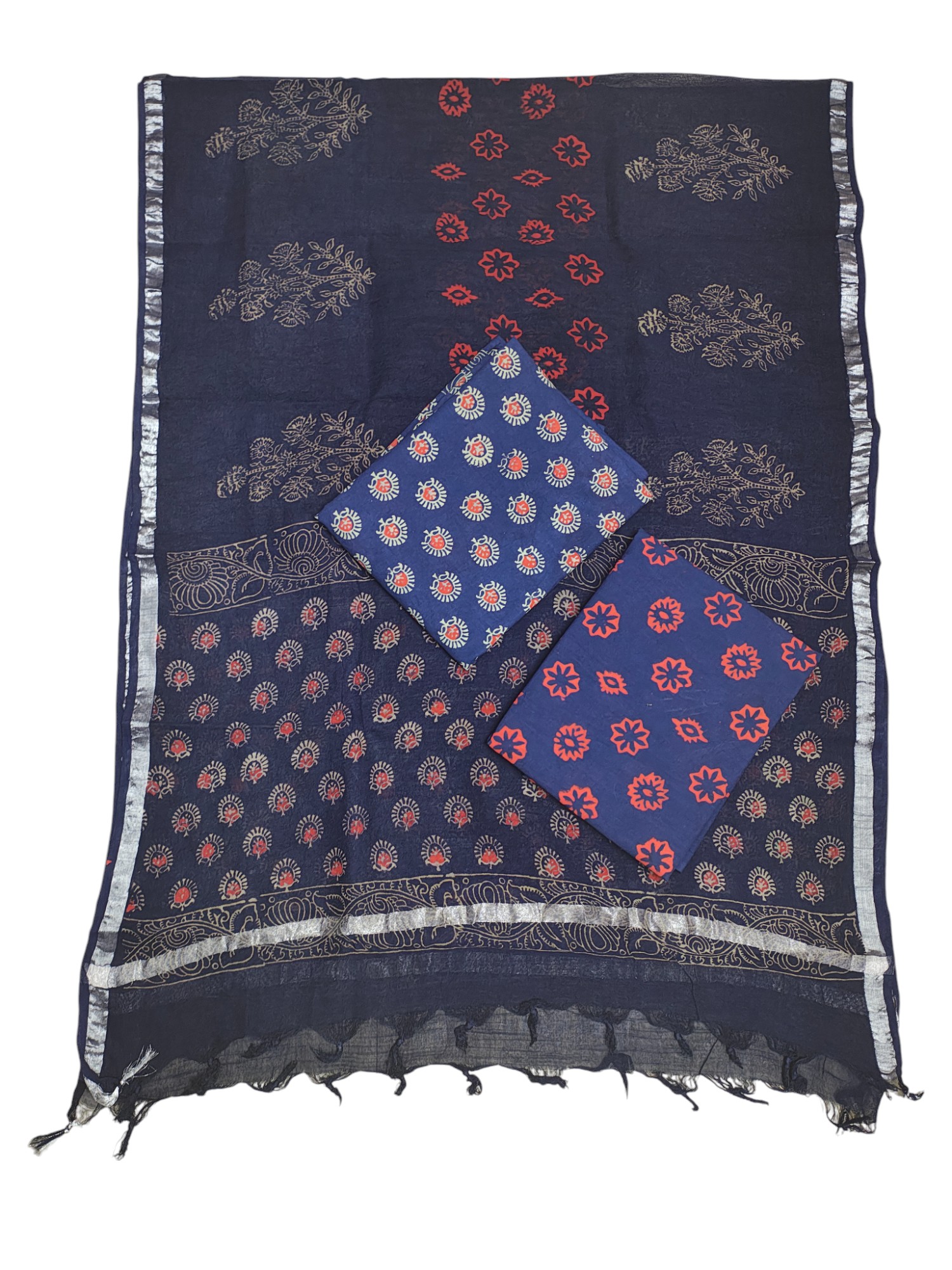 Indigo Ajrakh Print Cotton Unstitched Salwar Suit Set with Linen Dupatta