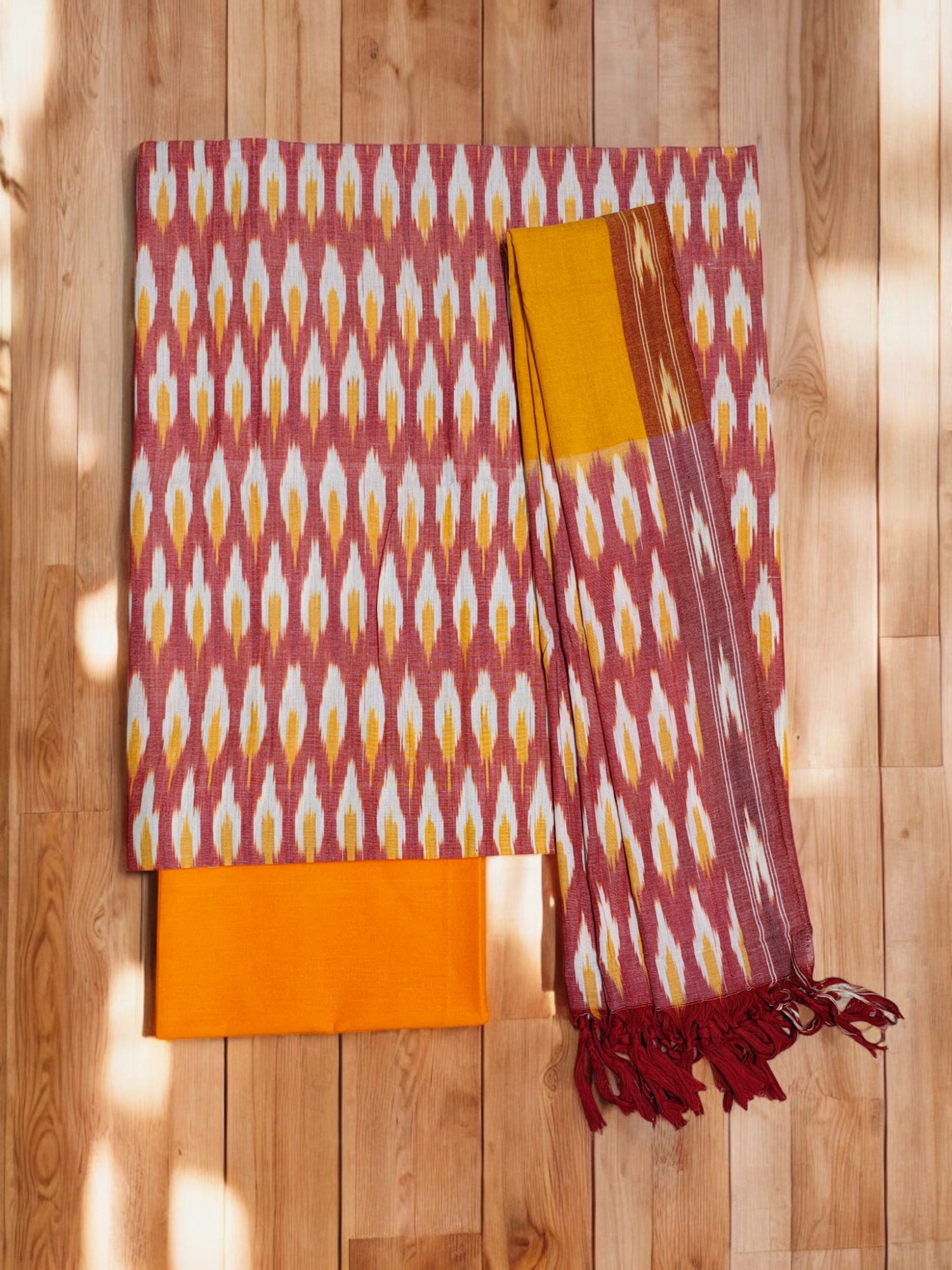 Red & Yellow Pochampally Ikkat Cotton Dress Material