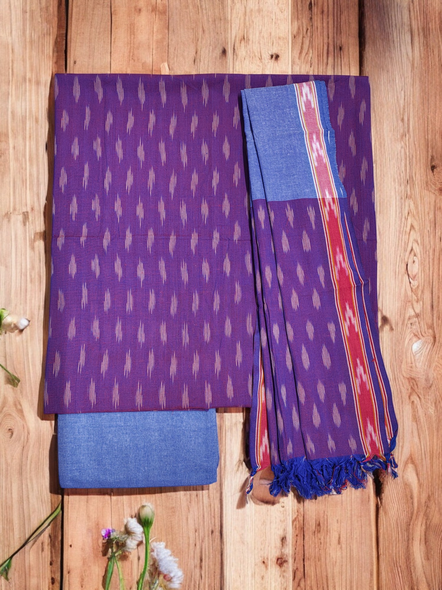 Purple Pure Cotton Ikkat Unstitched Salwar Suit Set with Dupatta