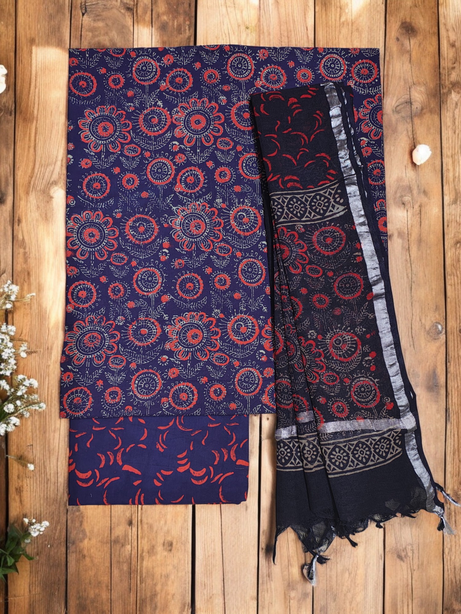 Purple Ajrakh Print Cotton Unstitched Salwar Suit Set with Linen Dupatta