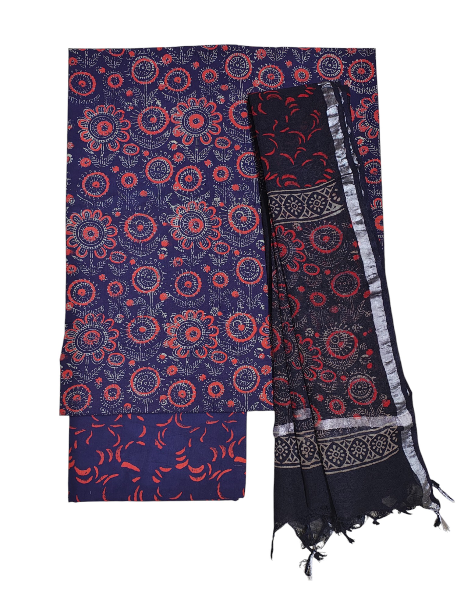 Purple Ajrakh Print Cotton Unstitched Salwar Suit Set with Linen Dupatta