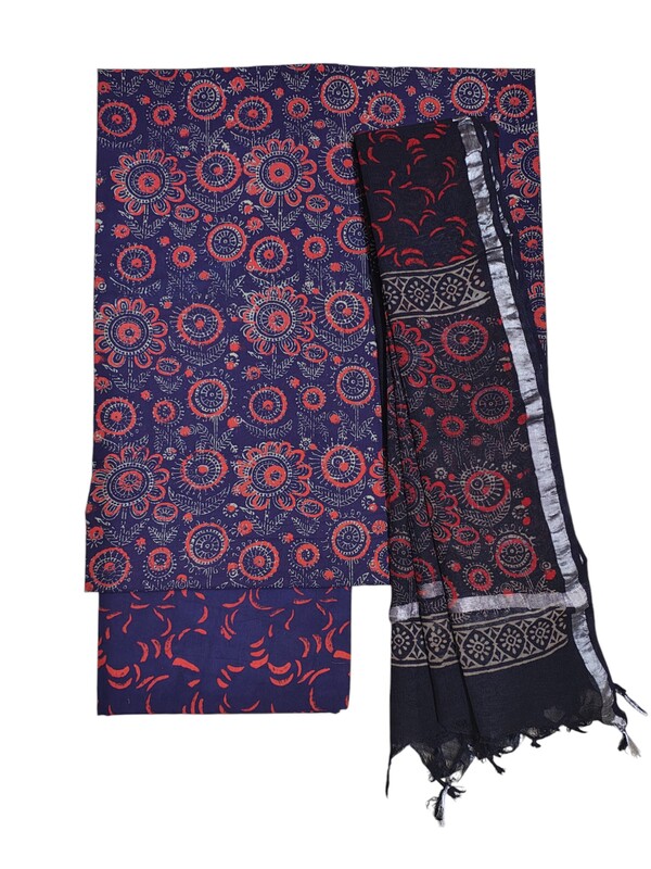 Purple Ajrakh Print Cotton Unstitched Salwar Suit Set with Linen Dupatta