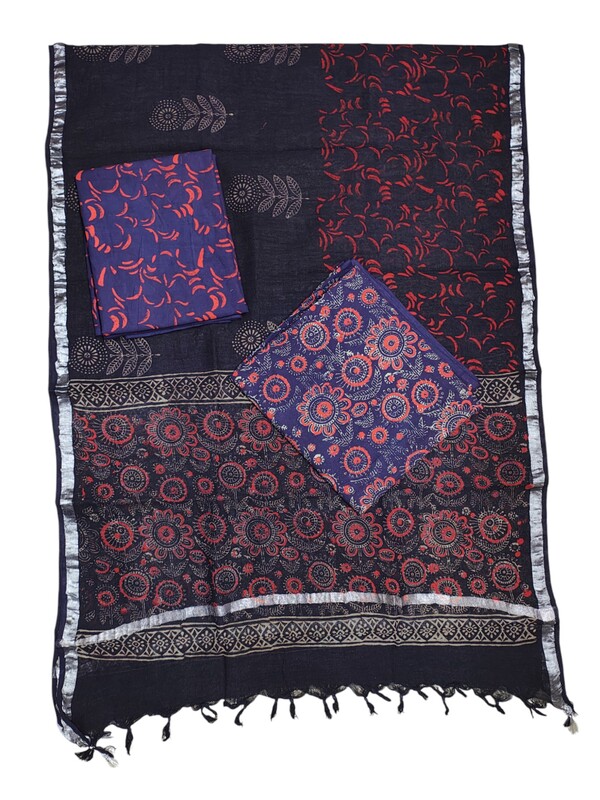 Purple Ajrakh Print Cotton Unstitched Salwar Suit Set with Linen Dupatta