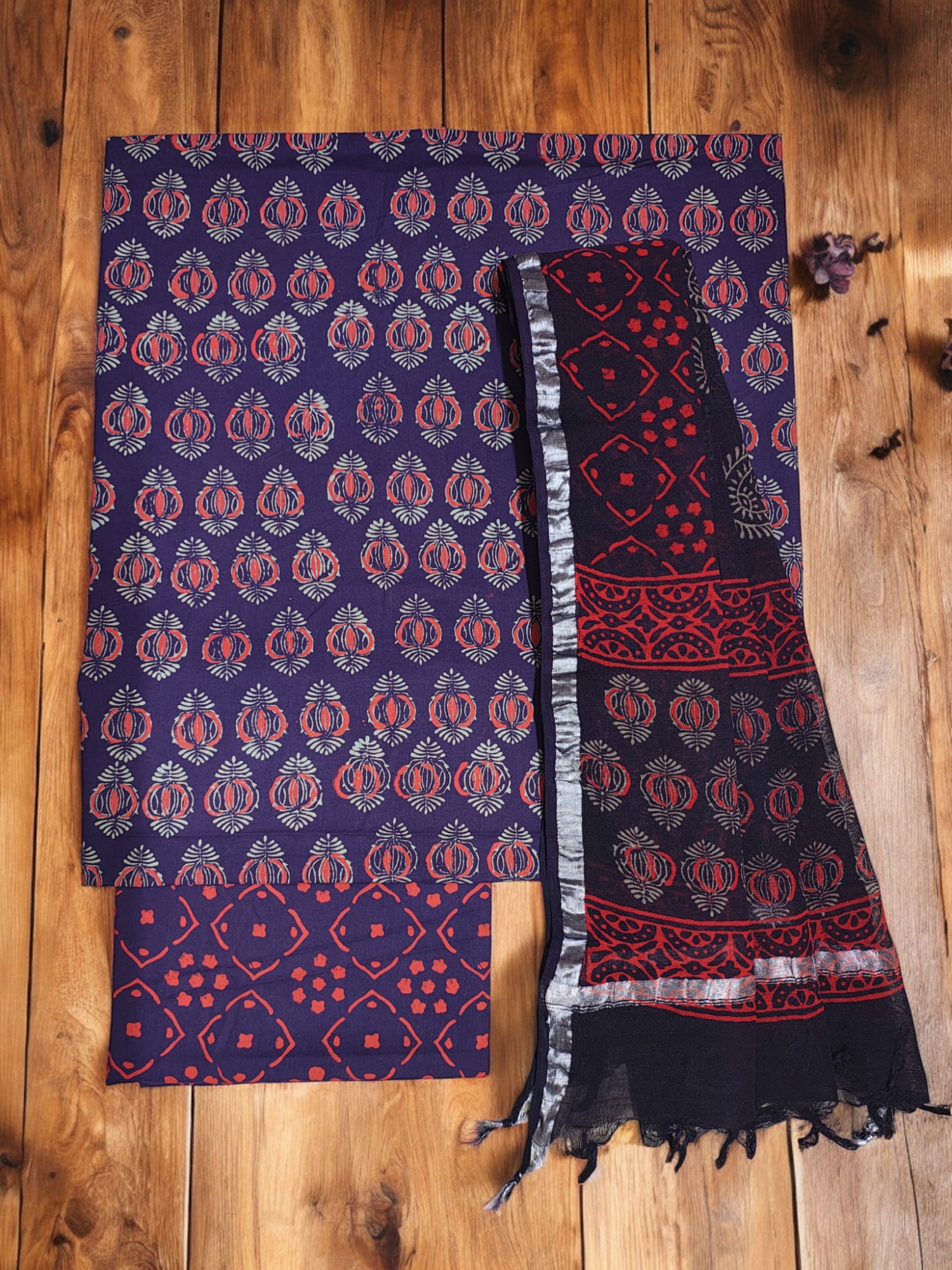 Purple Ajrakh Print Pure Cotton Dress Materials with Linen Dupatta