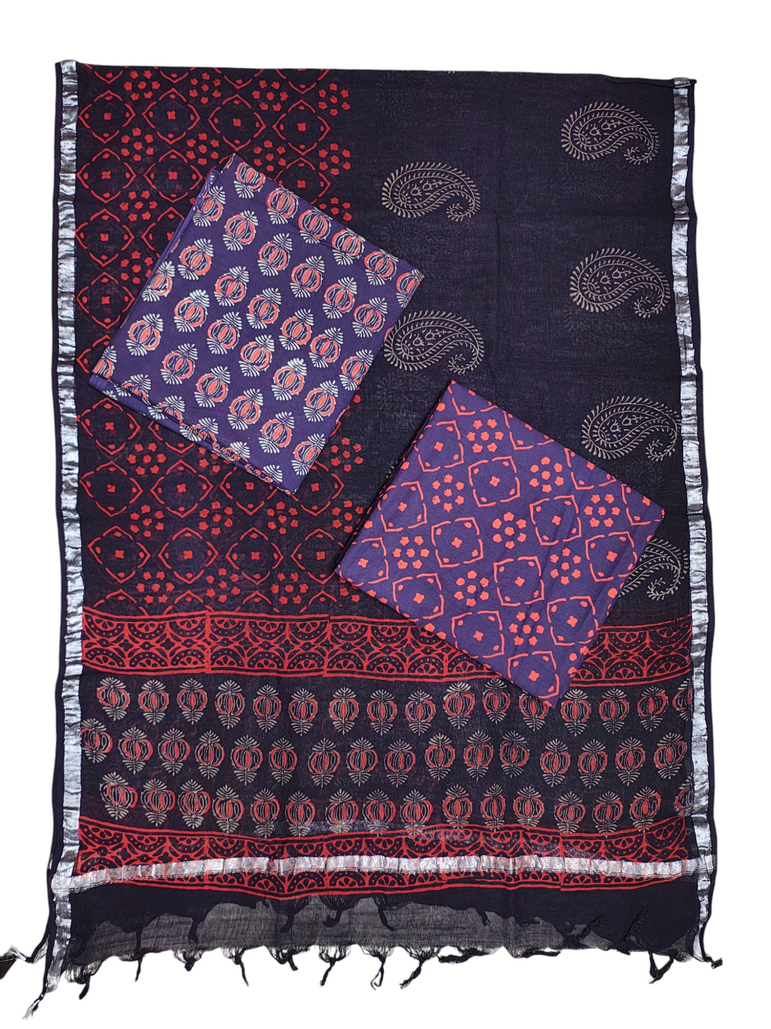 Purple Ajrakh Print Pure Cotton Dress Materials with Linen Dupatta