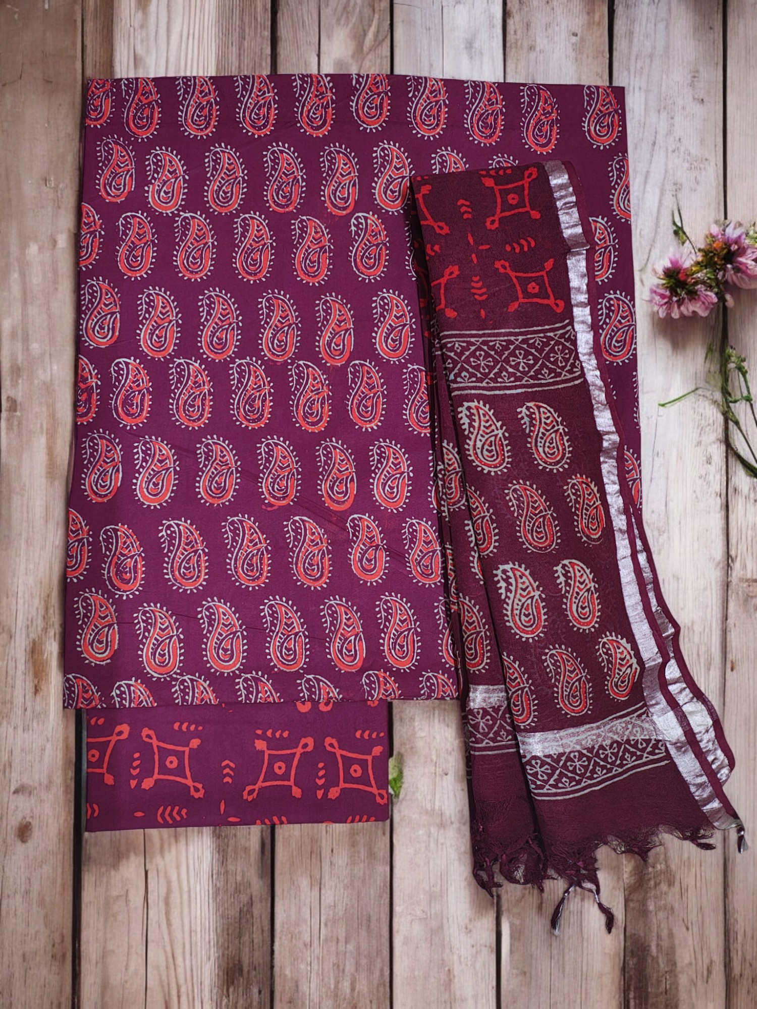 Wine Ajrakh Print Pure Cotton Unstitched Suit Set with Linen Dupatta for Women