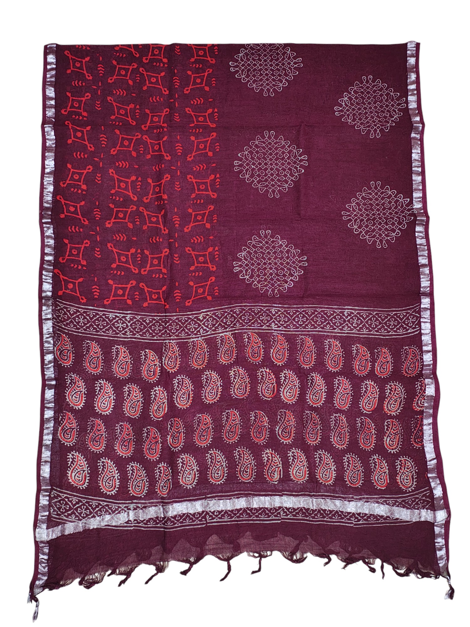 Wine Ajrakh Print Pure Cotton Unstitched Suit Set with Linen Dupatta for Women